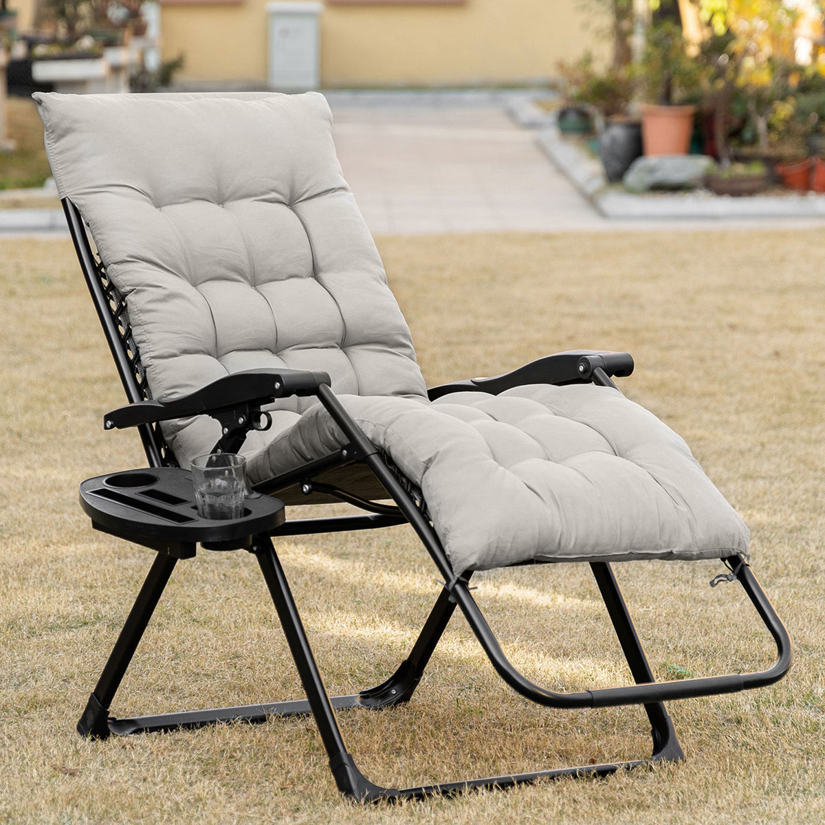 Padded Zero Gravity Chair, Folding Recliner Chair with Cup Holder Cushion, Gray