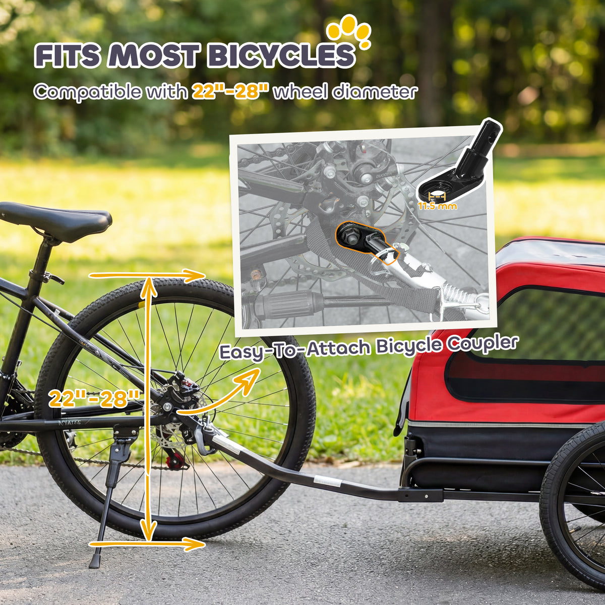 Dog Bike Trailer for Small & Medium Dogs, Universal Bicycle Coupler, Flip-Down Ramp Tailgate, Red