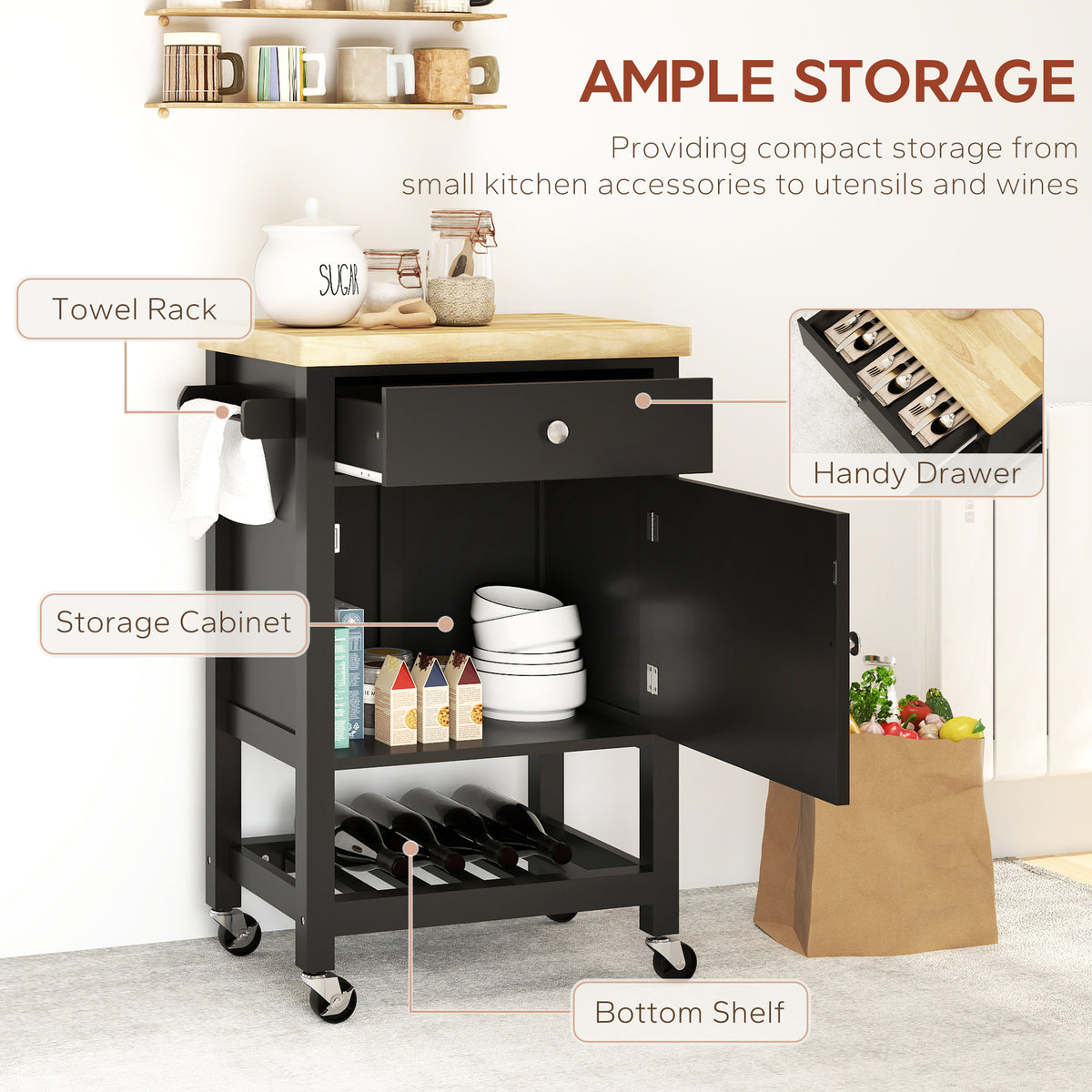 Kitchen Island on Wheels, Rolling Kitchen Cart with Rubberwood Top, Drawer, Wine Rack and Cabinet, Black