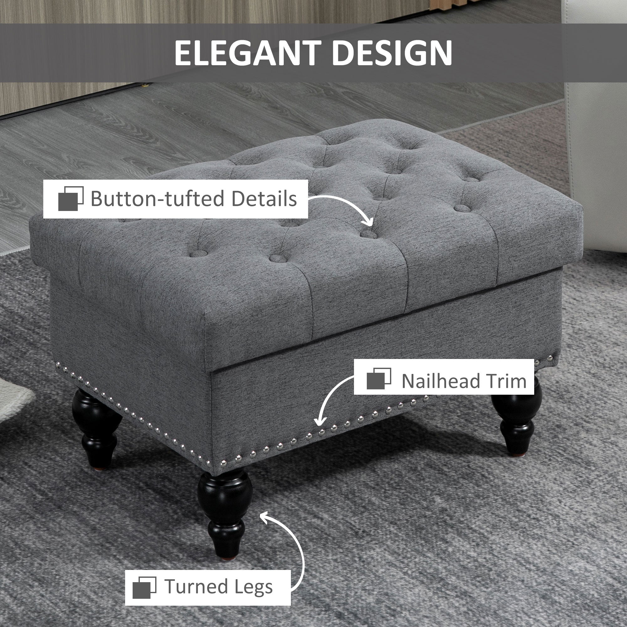 Ottoman with Storage for Living Room, 25" Storage Ottoman with Removable Lid, Button-Tufted Fabric Bench for Footrest and Seat with Wood Legs, Gray