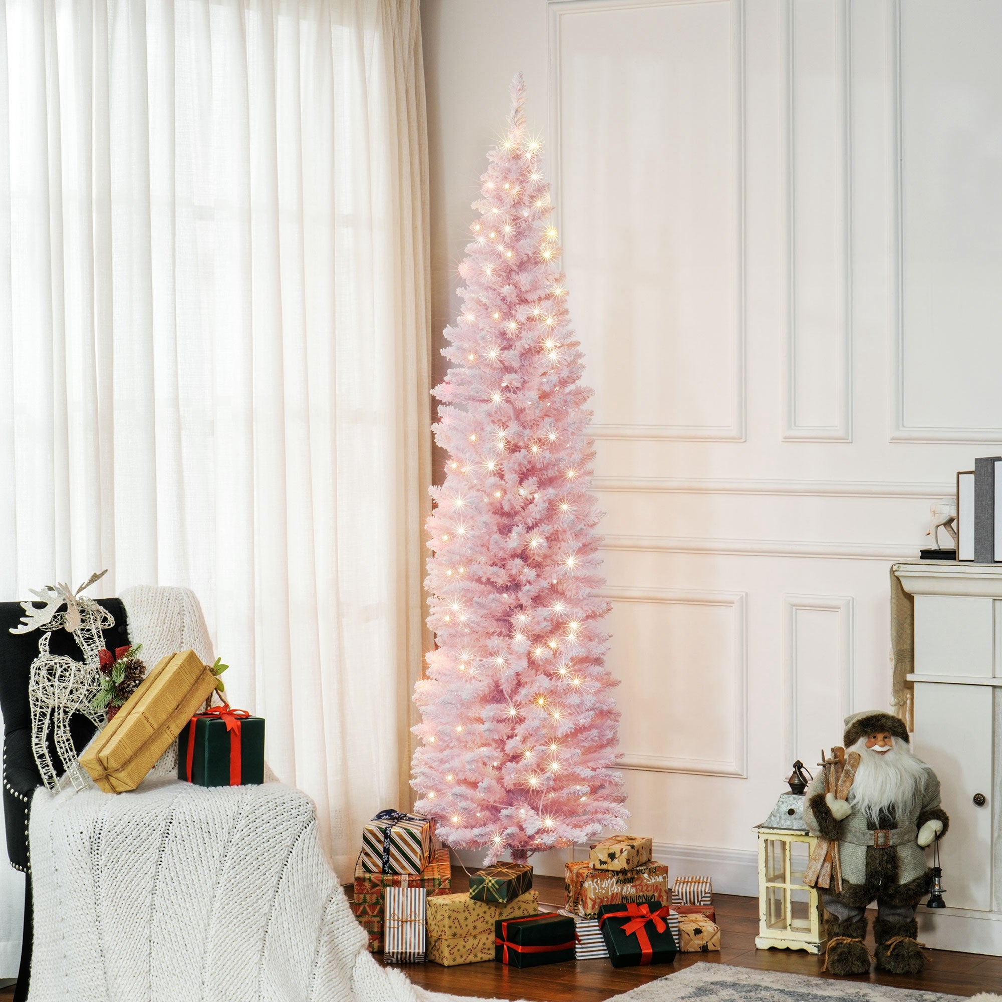 7ft Pencil Christmas Tree, Slim Artificial Christmas Tree with Snow Flocked Branches and Warm White LED Lights, Pink