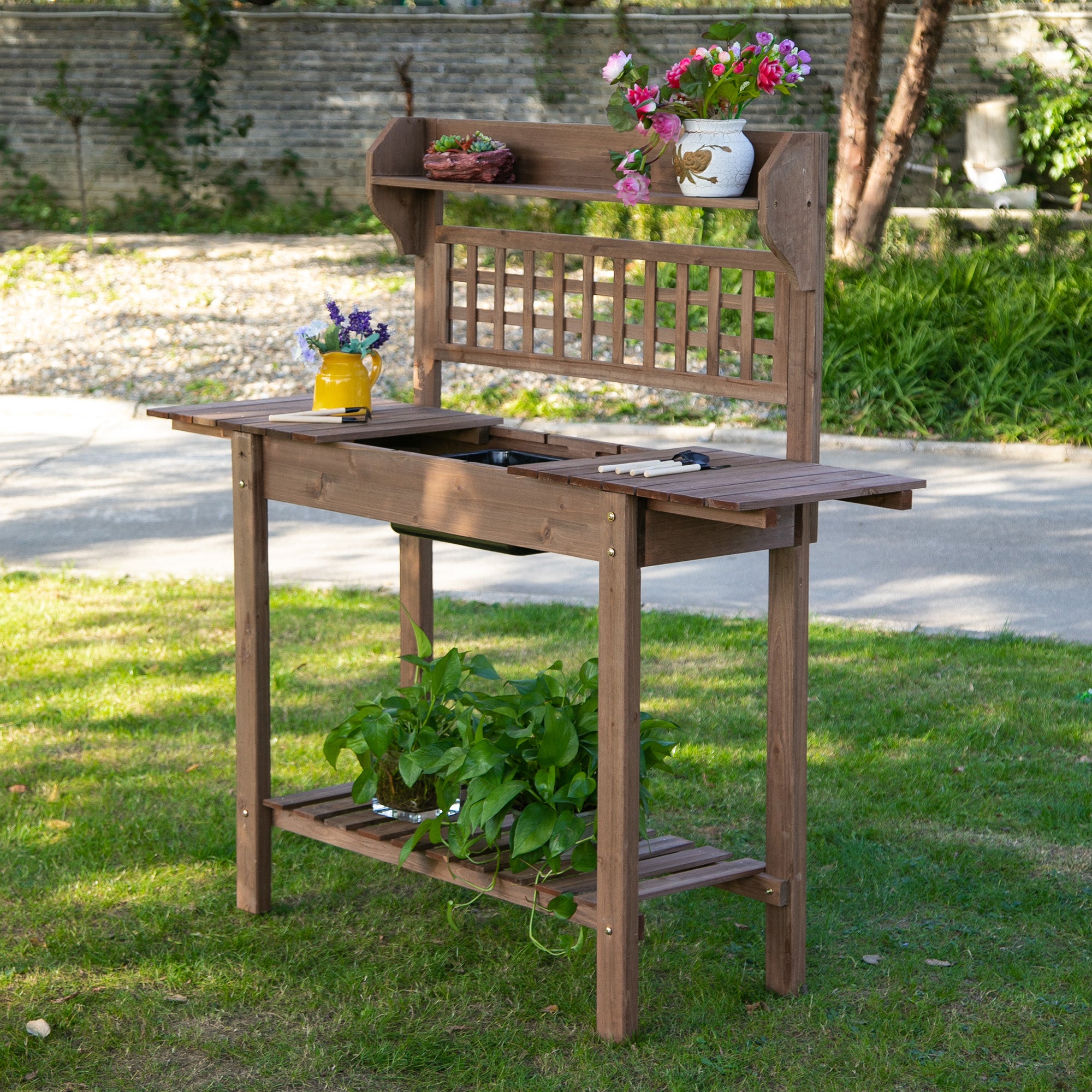 Outdoor Potting Bench Table, Wooden Workstation with Sliding Tabletop, Storage Shelf and Dry Sink, for Greenhouse, Garden, Patio, Brown - Brown - Image 2