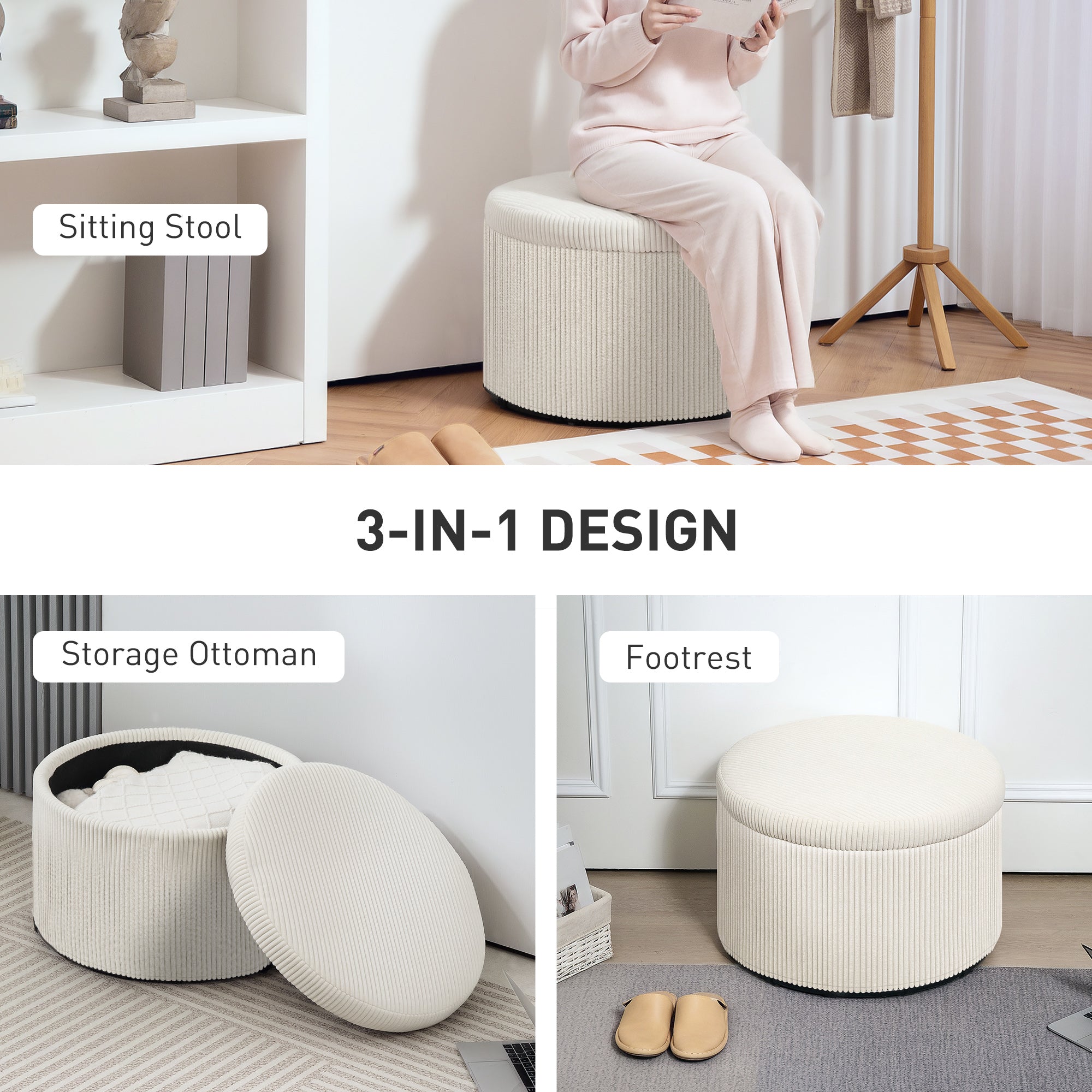 24 Inches Round Storage Ottoman Stool with Lid, Upholstered Corduroy Foot Rest for Living Room, Bedroom, Beige