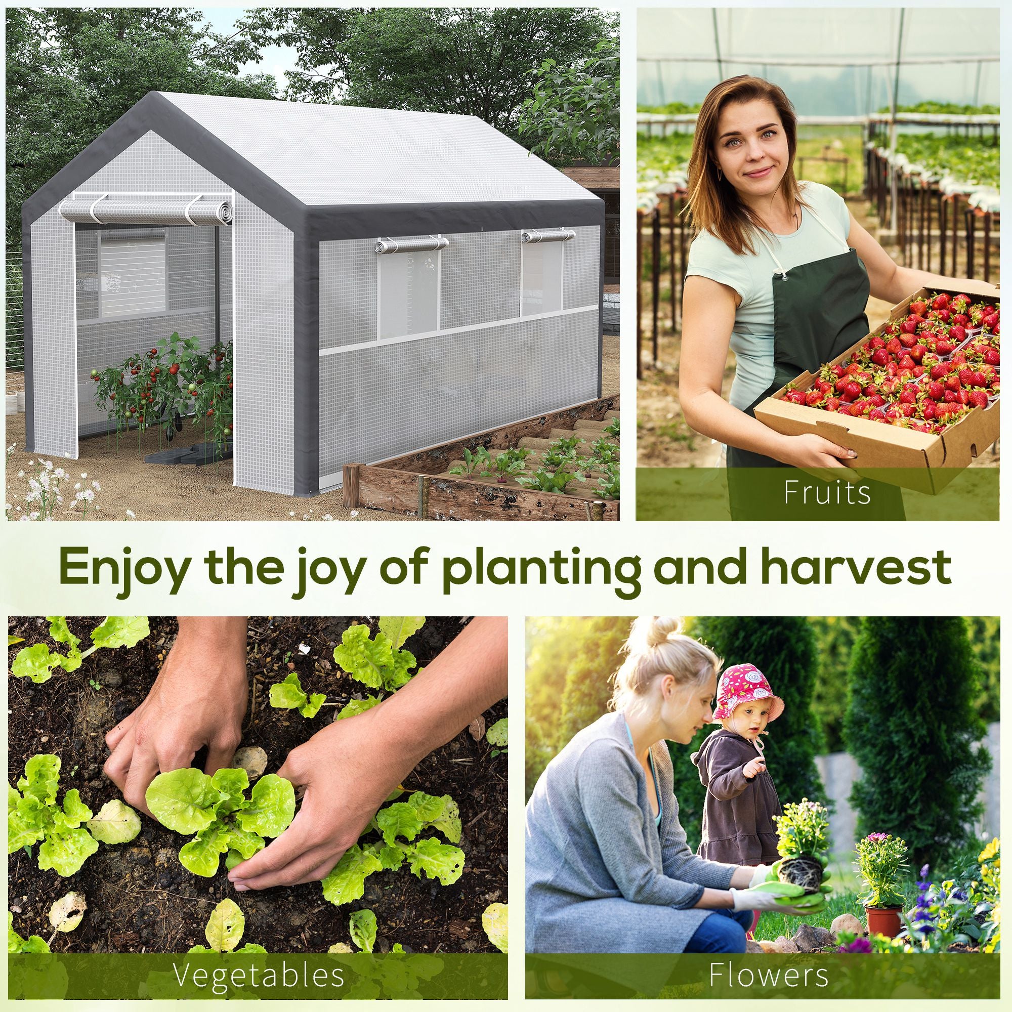 12' x 7' x 7' Greenhouse, Walk-in Outdoor Tunnel Green House with PE Cover, Steel Frame, 2 Roll-Up Zipper Doors & 4 Windows for Flowers, Vegetables, Tropical Plants, White/Dark Gray - White - Image 7