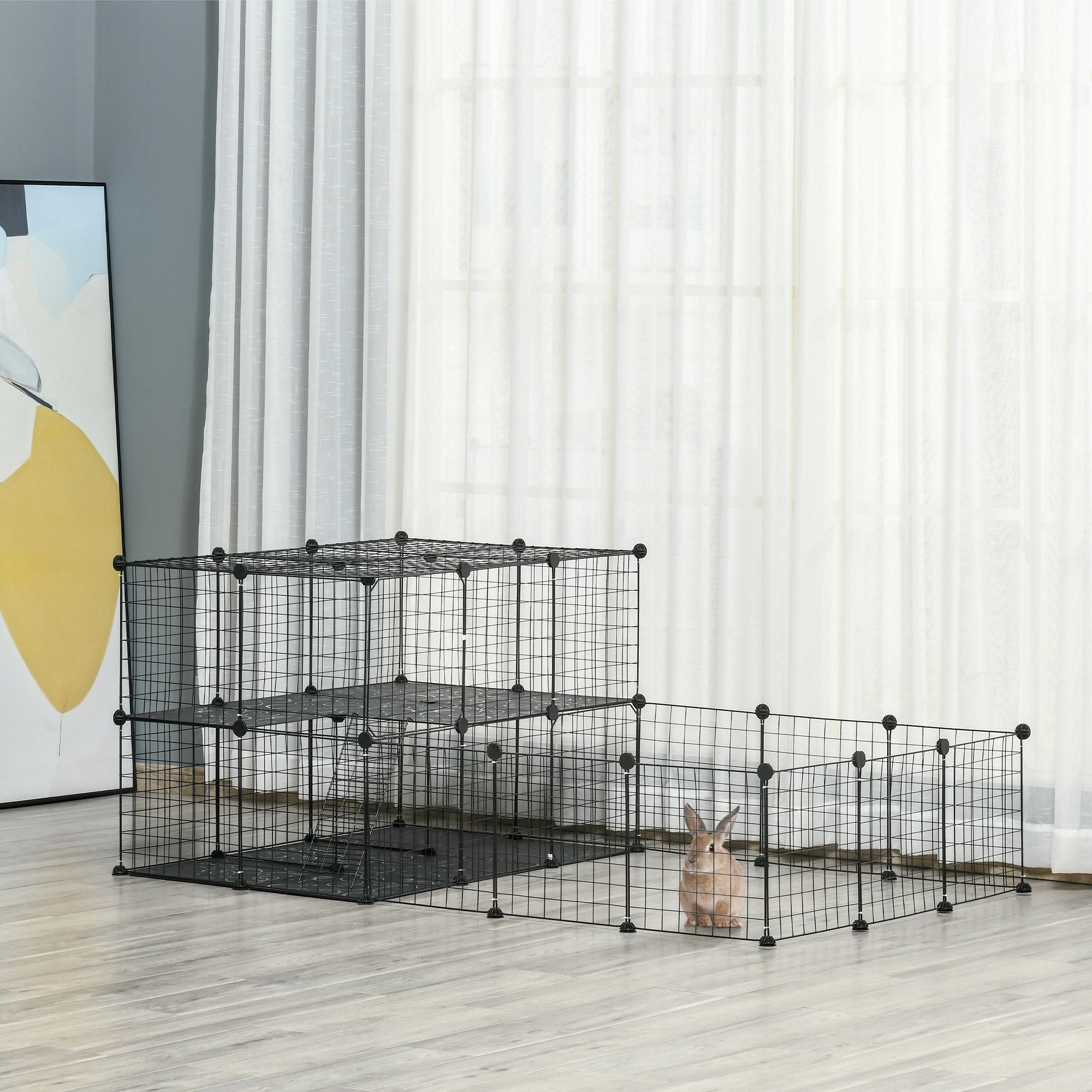 Pet Playpen with Door, Metal Mesh Cage with Mallet, Black - Black - Image 2