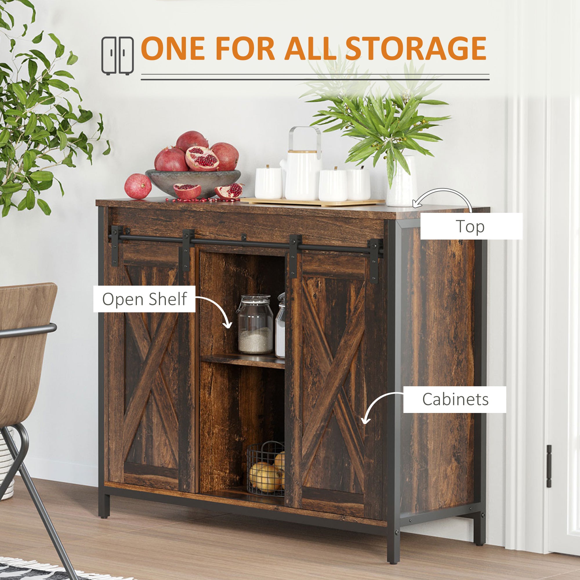 Industrial Sideboard Buffet Cabinet, Coffee Bar Cabinet, Kitchen Cabinet with Sliding Barn Doors, Storage Cabinets and Adjustable Shelves for Living Room, Home Bar, Rustic Brown