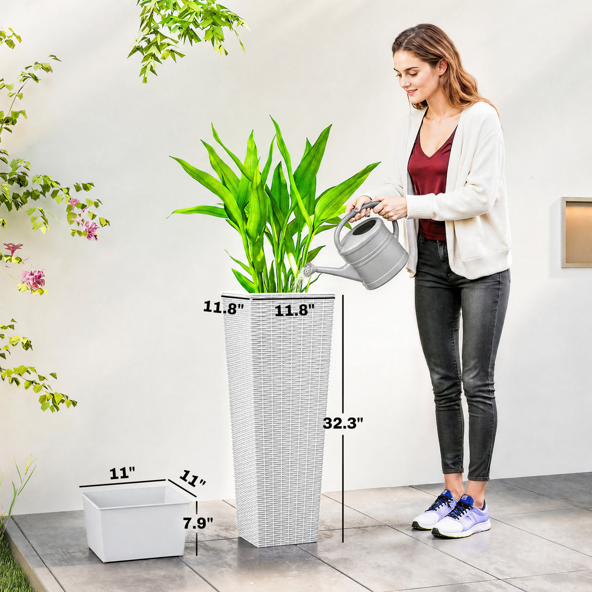 32 Inch Tall Planters for Outdoor Plants, Set of 2 Plastic Flower Pots with Drainage Holes, White