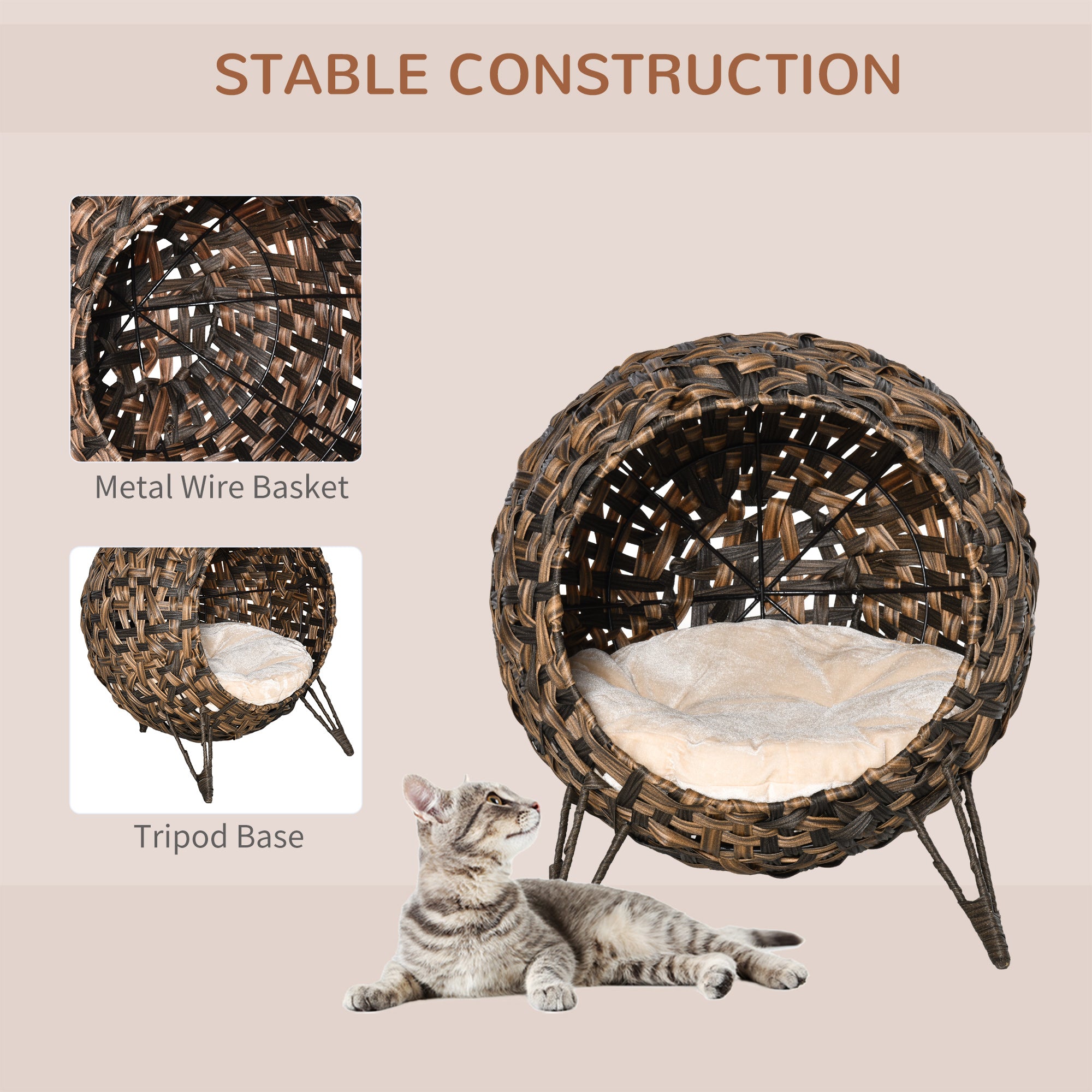 20.5" Weaved Cat Bed, Elevated Hand-woven Braided Banana Leaf Kitten House Condo with Cushion, Brown - Brown - Image 4