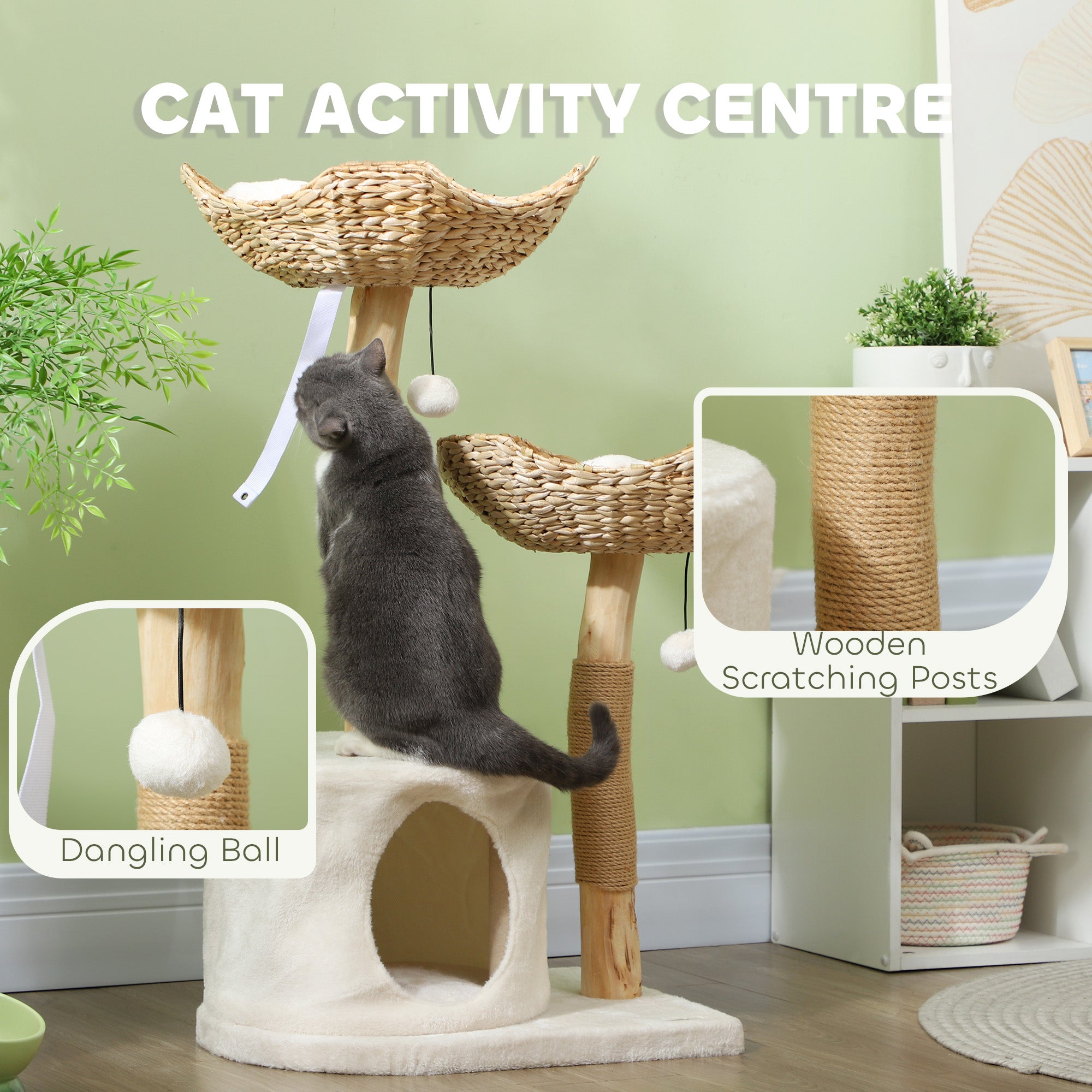 37 Inch Modern Cat Tree w/ Wooden Scratching Posts, Condo, Beds, Cushions, Toy Balls & Anti-Tip Kit - Cream White - Image 4