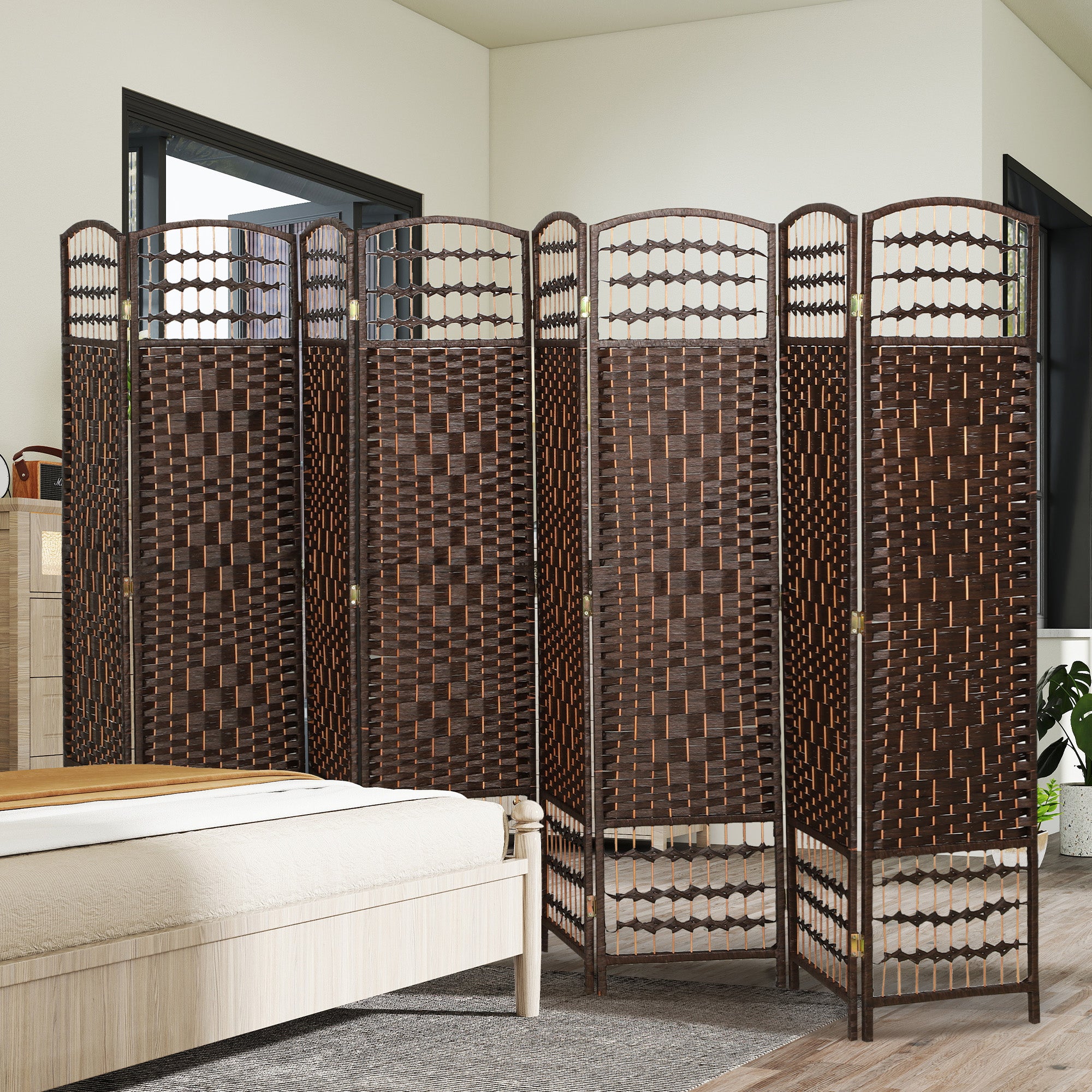 8 Panel Folding Room Divider Portable Privacy Screen Wave Fiber Room Partition for Home Office Brown