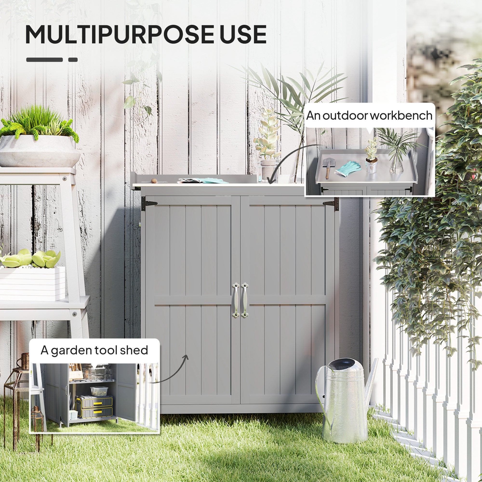 Outdoor Storage Cabinet, Garden Tool Shed with Metal Tabletop and Shelf, Wooden Potting Bench with 2 Doors, Gray - Gray - Image 4