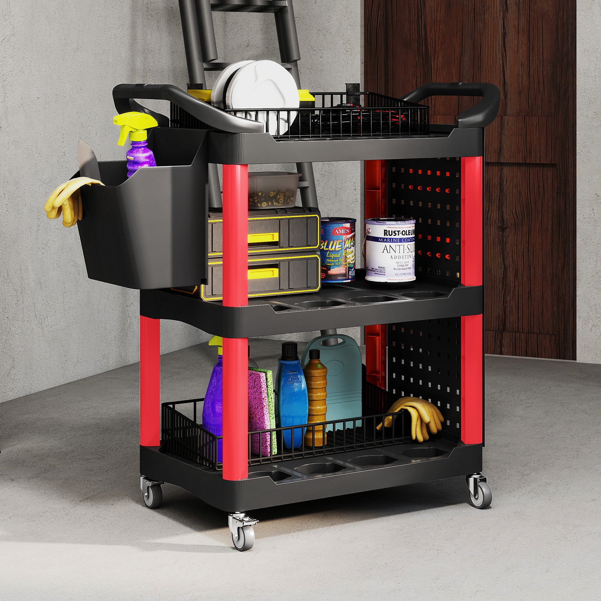 3-Tier Rolling Tool Cart, 200 LBS Capacity Plastic Utility Cart with Side Shelf and Storage Bucket, Black & Red