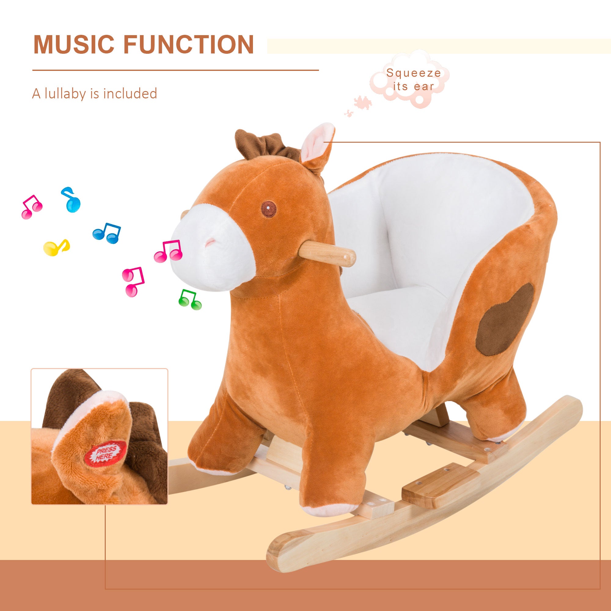 Kids Ride On Rocking Horse, Plush Animal Toy Sturdy Wooden Rocker with Songs for Boys or Girls