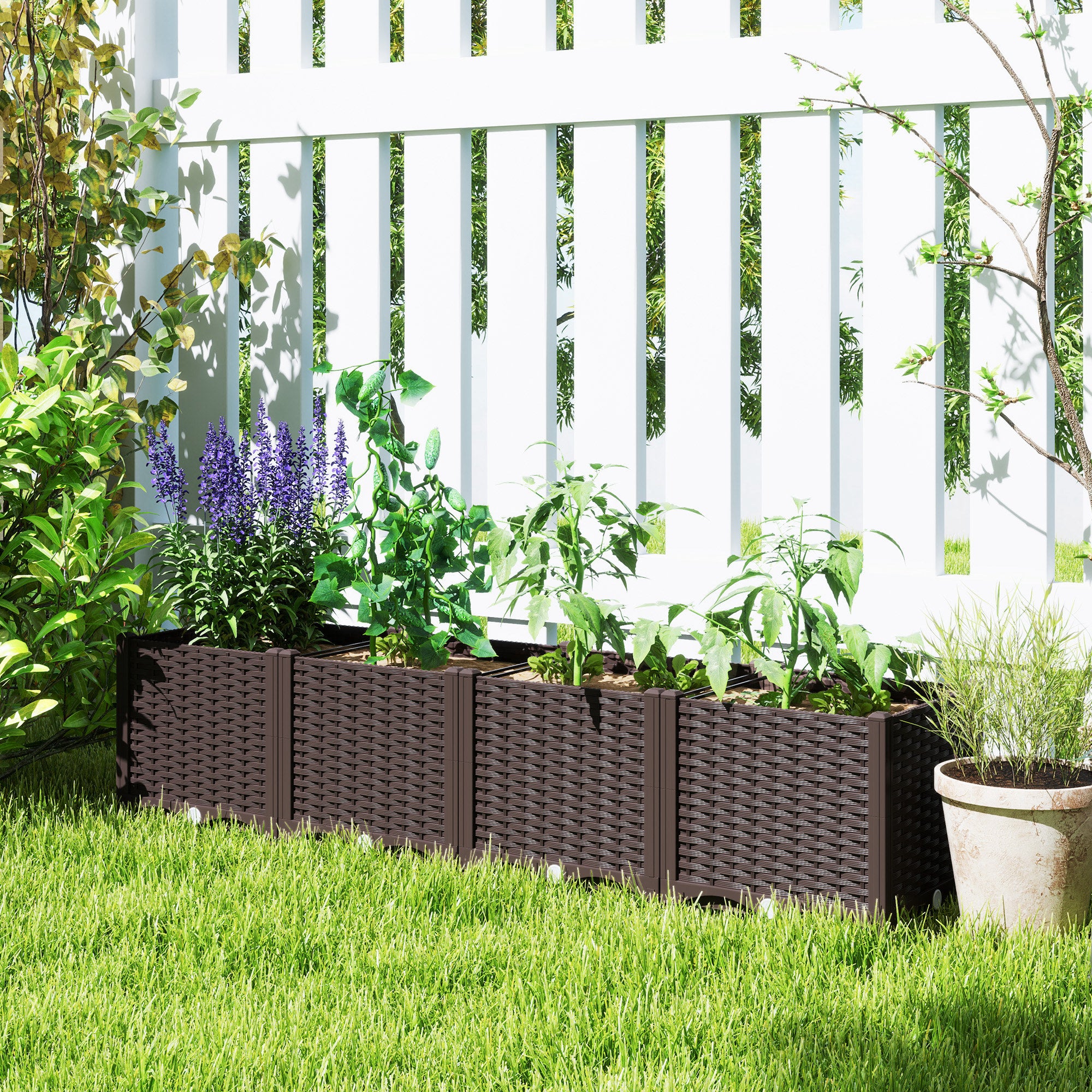 Plastic Raised Garden Bed, 5 x 1 x 1 ft Outdoor Flower Box with Drainage Holes for Vegetables, Herbs, Brown - Brown - Image 8