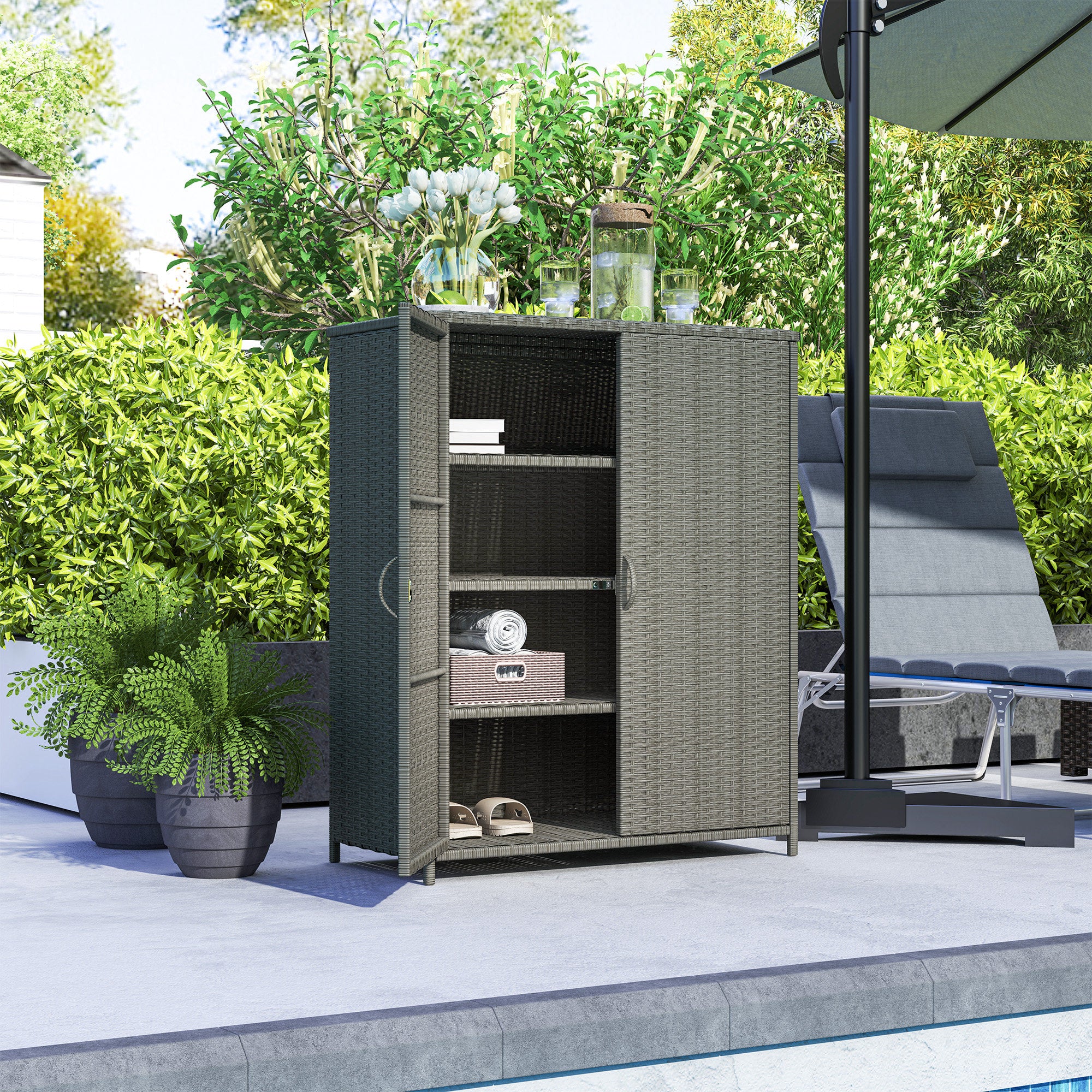 Rattan Wicker Outdoor Storage Cabinet with 4 Shelves and 2 Doors for Garden Pool Towel Storage, Dark Gray - Dark Gray - Image 8