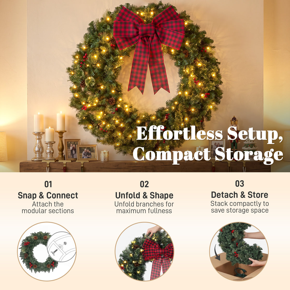 36" Prelit Crestwood Spruce Artificial Christmas Wreath, Christmas Decor with Bow, 8 Modes, Red Berries, Pinecones