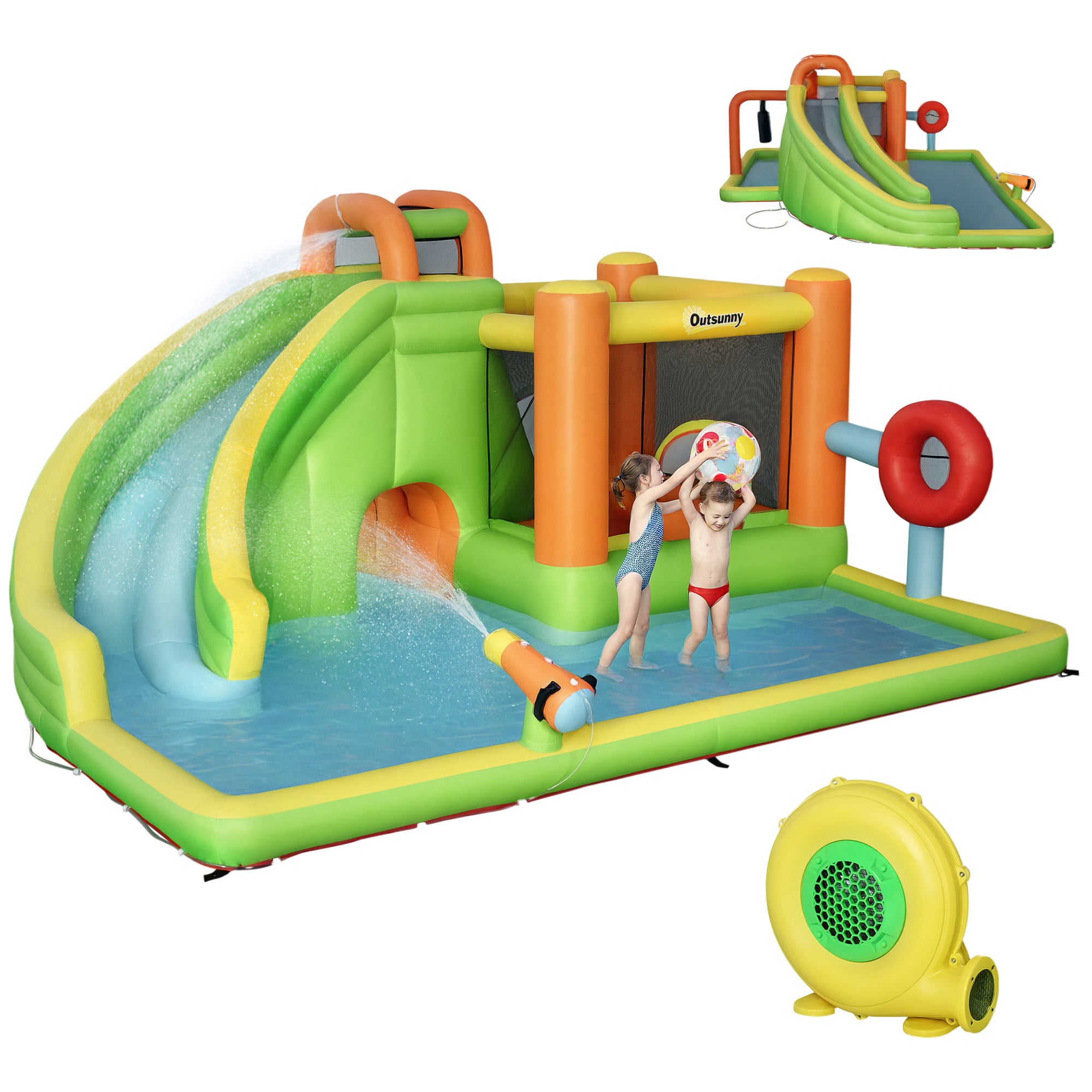 7-in-1 Inflatable Water Slide, Kids Castle Bounce House Includes Slide, trampoline, Pool, Water Cannon, Ball-target, Boxing Post, Tunnel with Carry Bag, Repair Patches, 750W Air Blower
