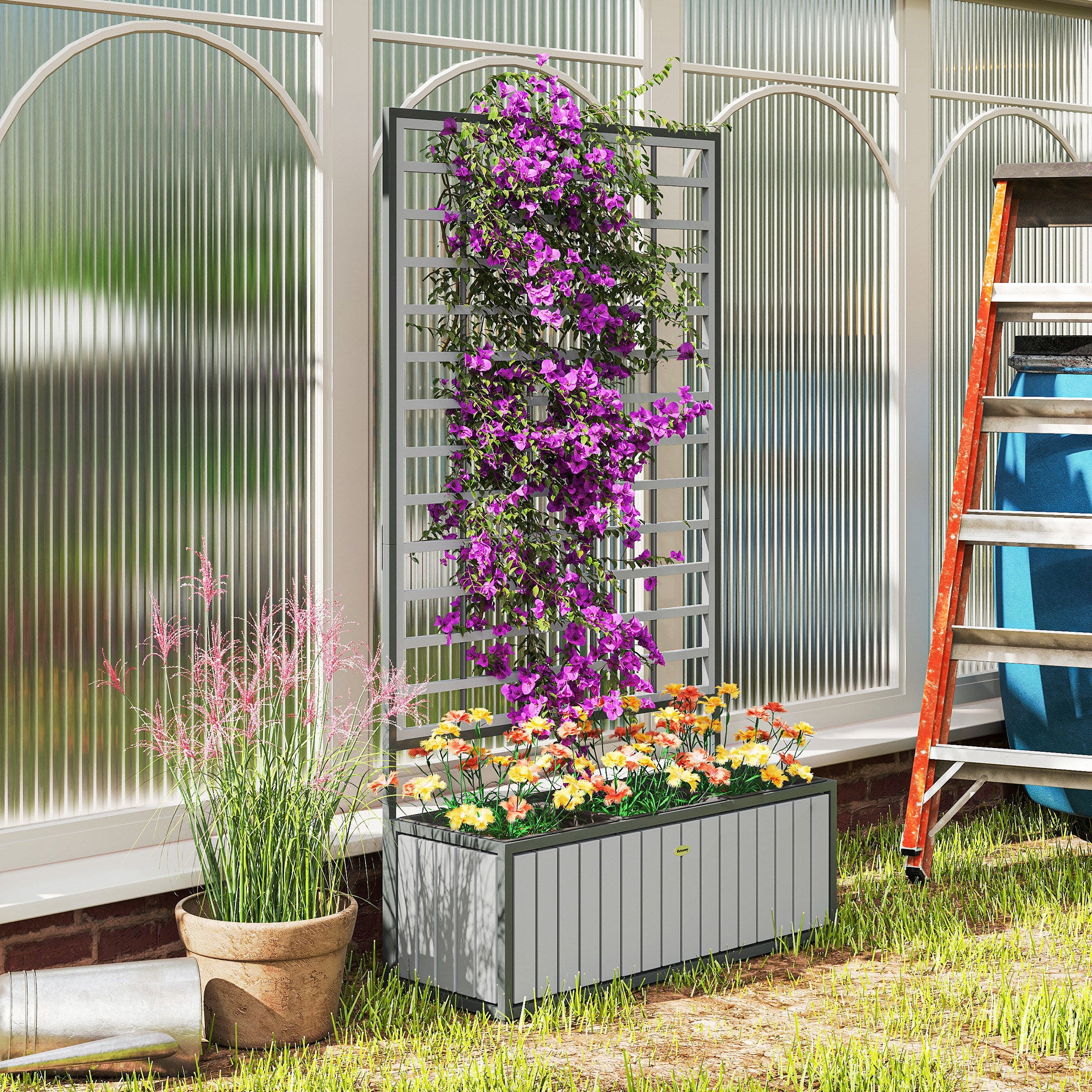 Wooden Raised Garden Bed with Trellis, Removable Pots, for Backyard, Patio, Balcony, 29" x 11" x 52", Gray - Gray - Image 2
