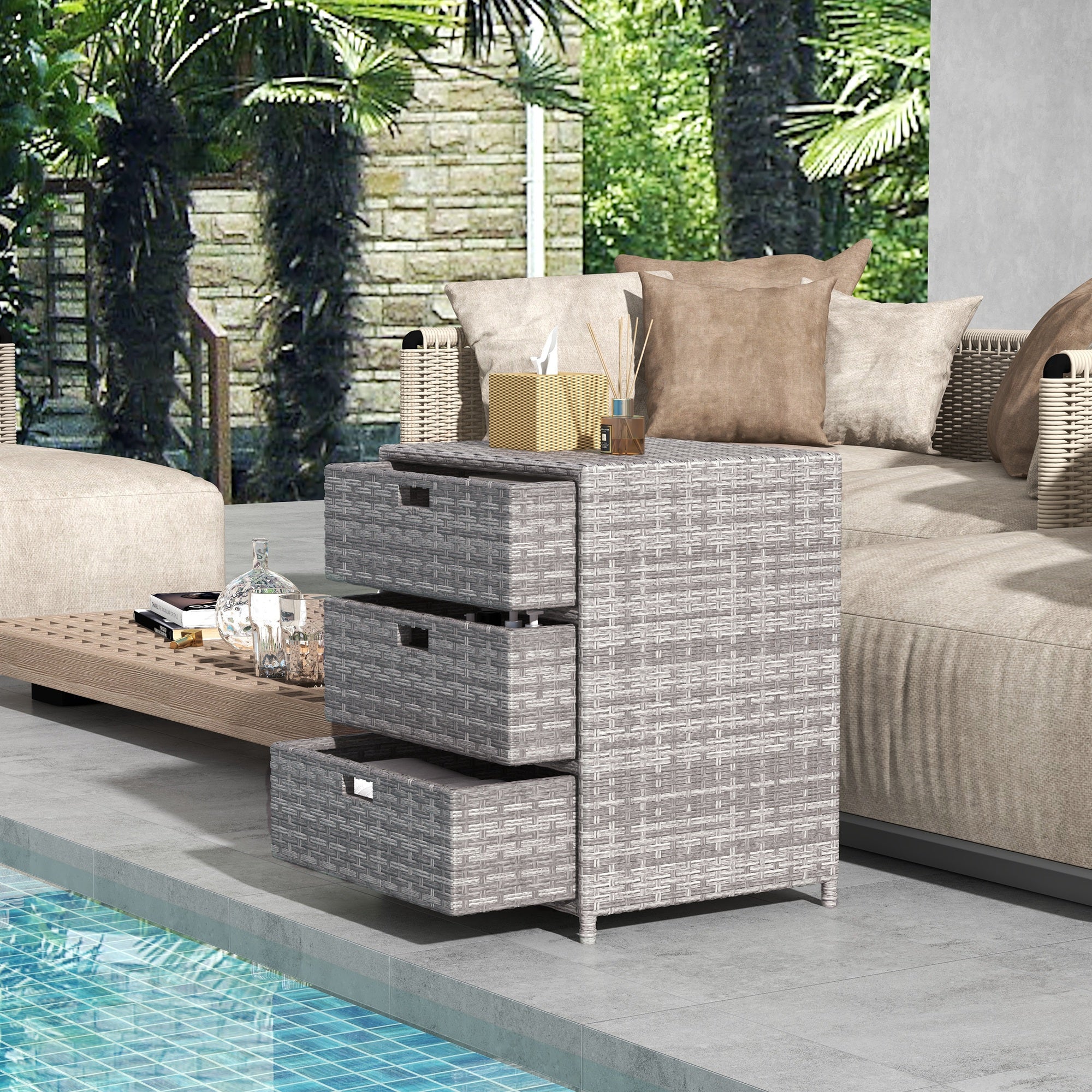 Patio PE Rattan Storage Cabinet, Wicker Pool Cabinet Organizer, Outdoor Towel Rack for Pool with 3 Drawers, Gray - Gray - Image 2