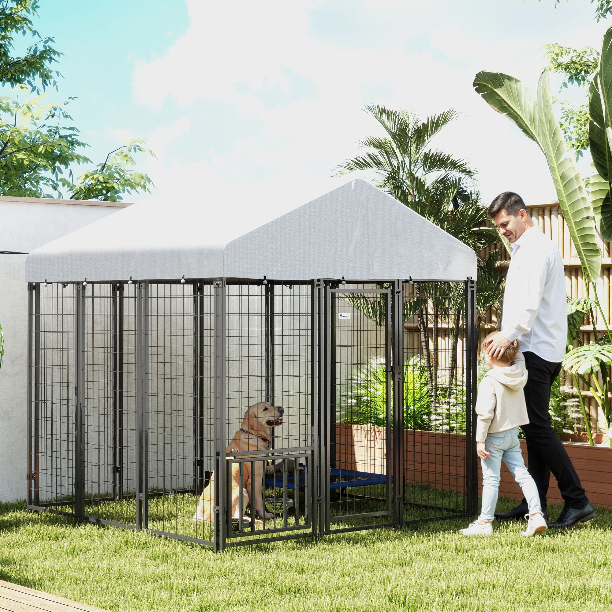 5.9' x 5.9' x 6' Outdoor Dog Kennel with Roof, Rotating & 4-Level Adjustable Bowls - Silver - Image 2