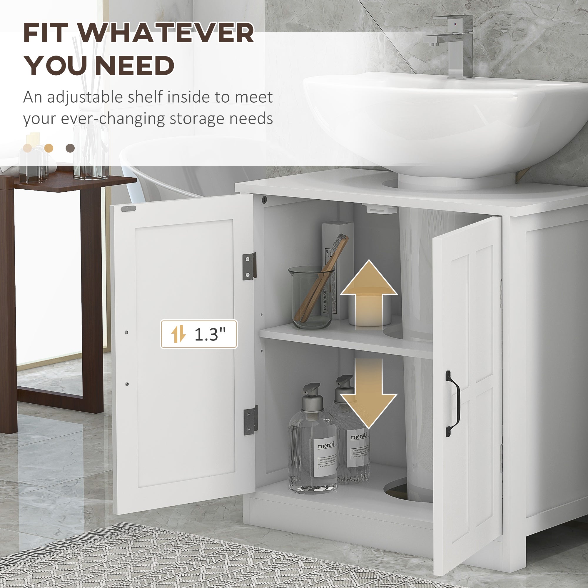 Pedestal Sink Storage Cabinet, Under Sink Cabinet with 2 Doors and Adjustable Shelf, Bathroom Vanity with U-Shape Cut-Out, White