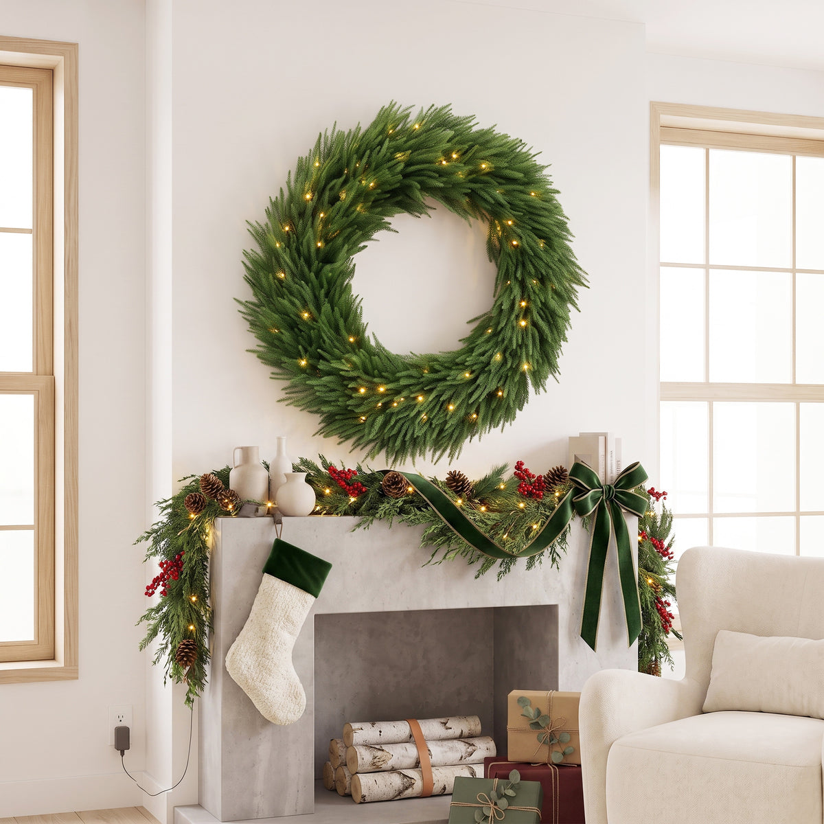 Christmas Decoration, 36 in Pre-Lit Norfolk Pine Artificial Christmas Wreath with 100 LED Lights, Green