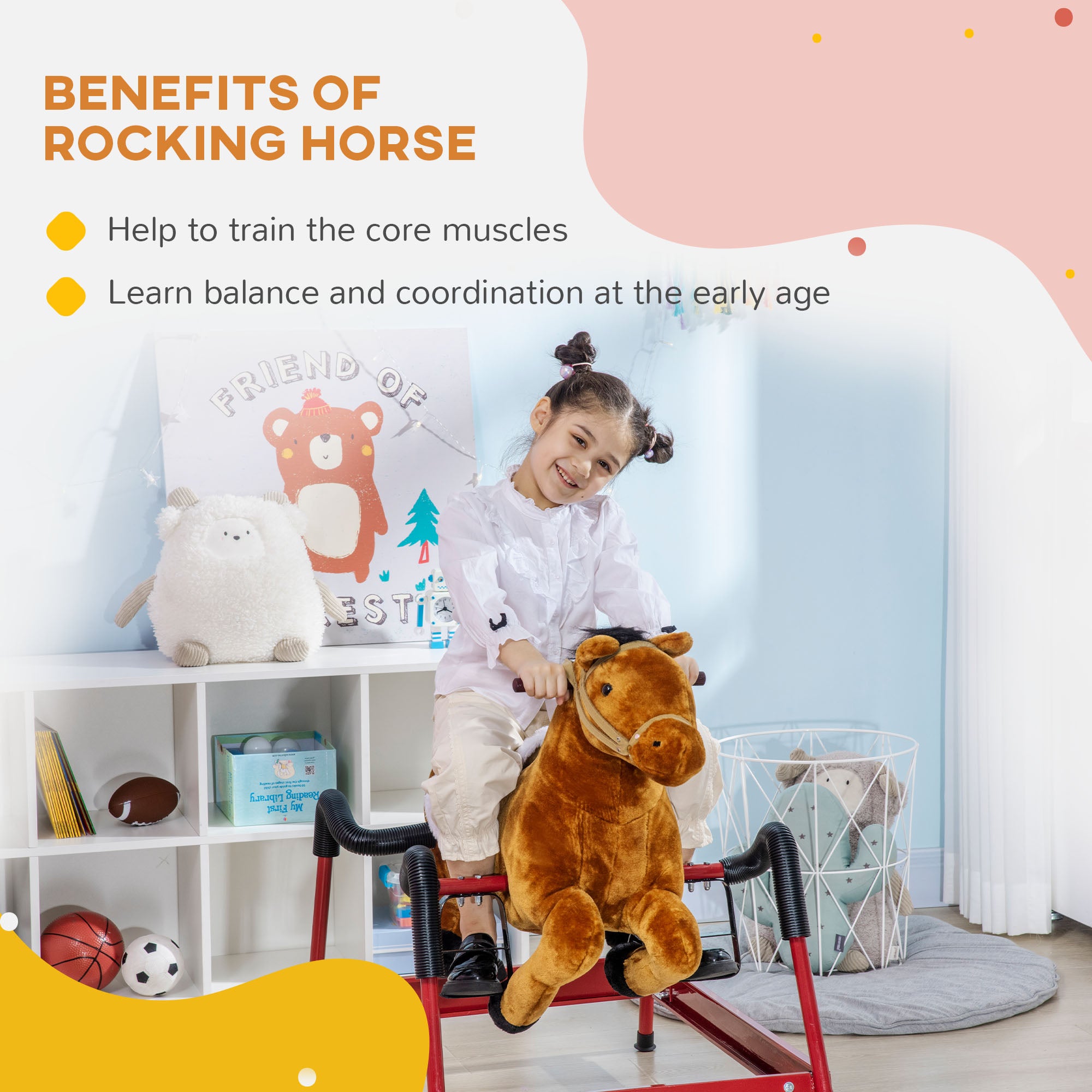 Kids Spring Rocking Horse, Ride on Horse for Girls and Boys with Animal Sounds, Plush Animal Ride-on Toy with Soft Feel, Interactive Toy for Kids, Light Brown