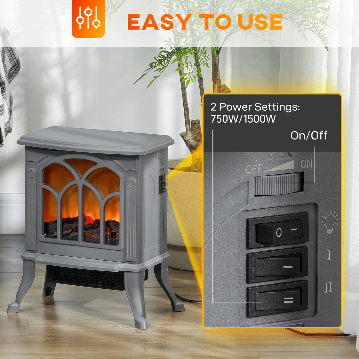 Electric Fireplace Heater, Freestanding Fireplace Stove with Realistic Logs and Flame Effect, 750W/1500W, Gray