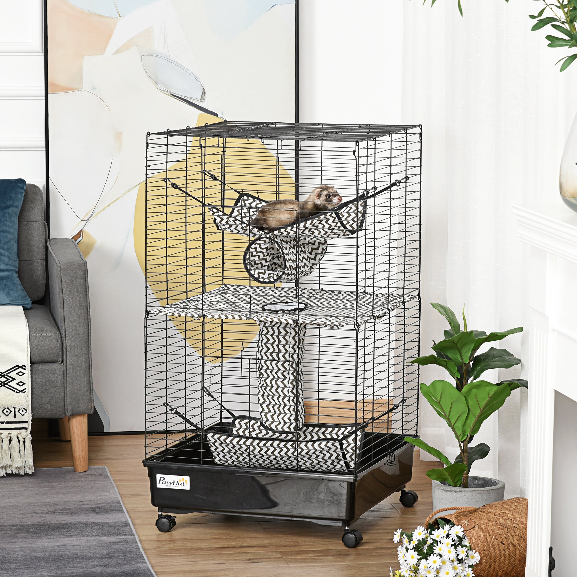 42" Ferret Cage, Small Animal Habitat Metal Pet Cage with Wheels Brakes, Hammocks, Hanging Tunnels, and 3 Doors, Black - black - Image 2