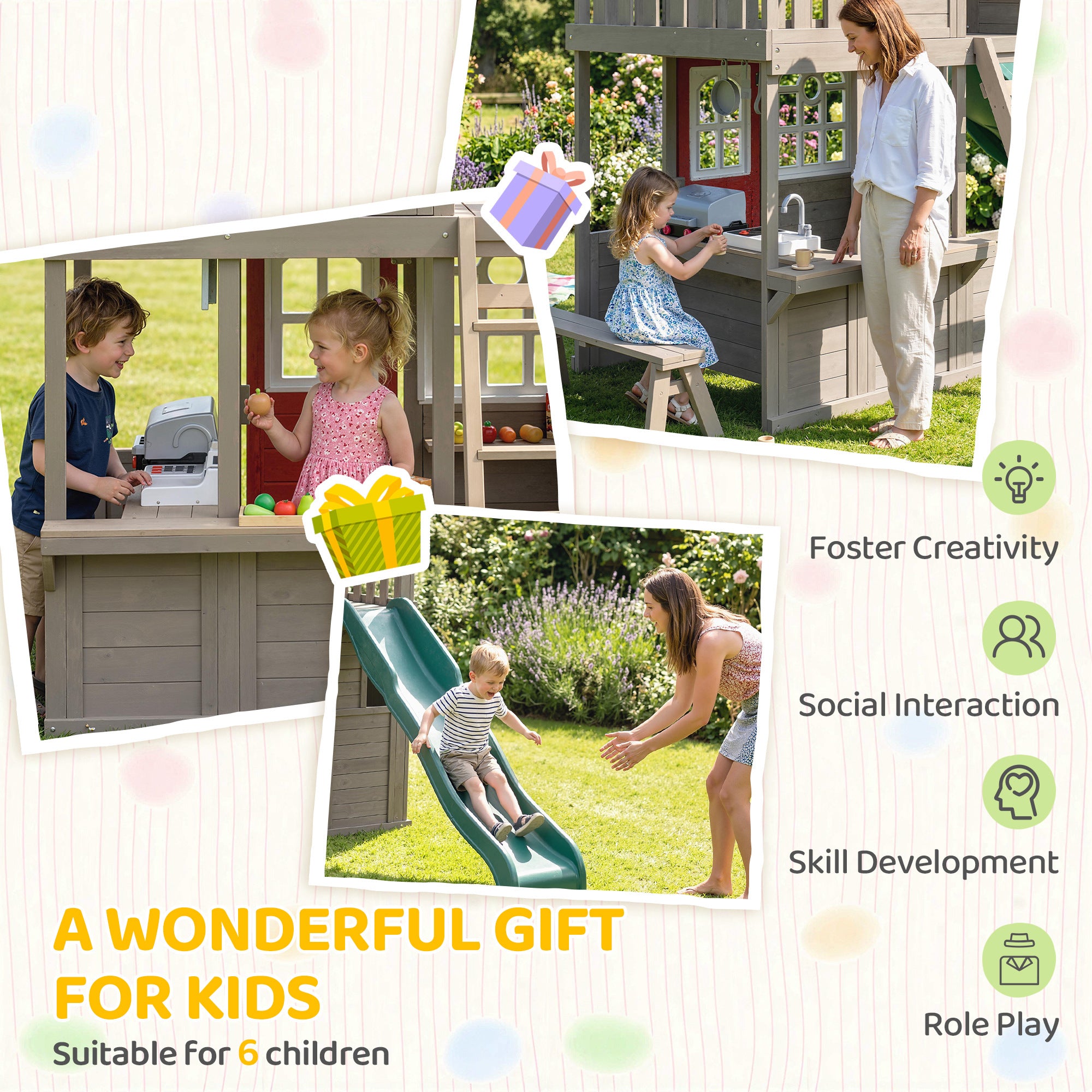 Two-Story Outdoor Playhouse, Wooden Kids Playhouse with Slide, Bench, BBQ Play Kitchen, Ladder, Lookout Platform, Clock