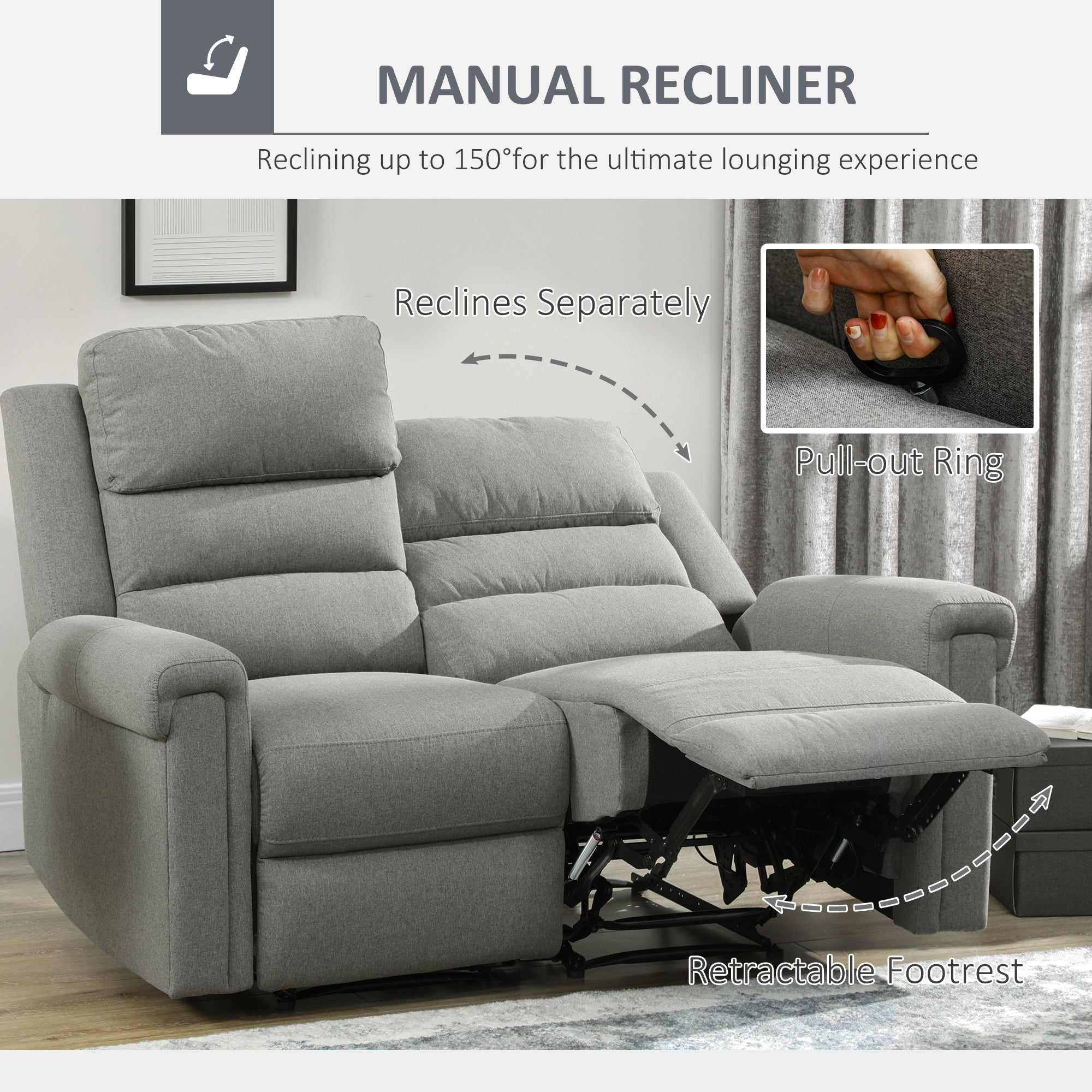 Fabric Reclining Sofa, 2 Seater Recliner Sofa with Manual Pull Tab, RV Couch, Home Seating, Gray