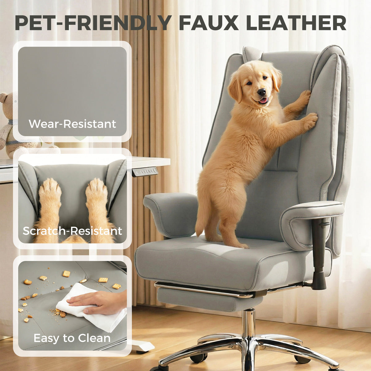 Ergonomic Office Chair, High Back Reclining Desk Chair with Adjustable Armrests, Pet Friendly Faux Leather, Light Gray