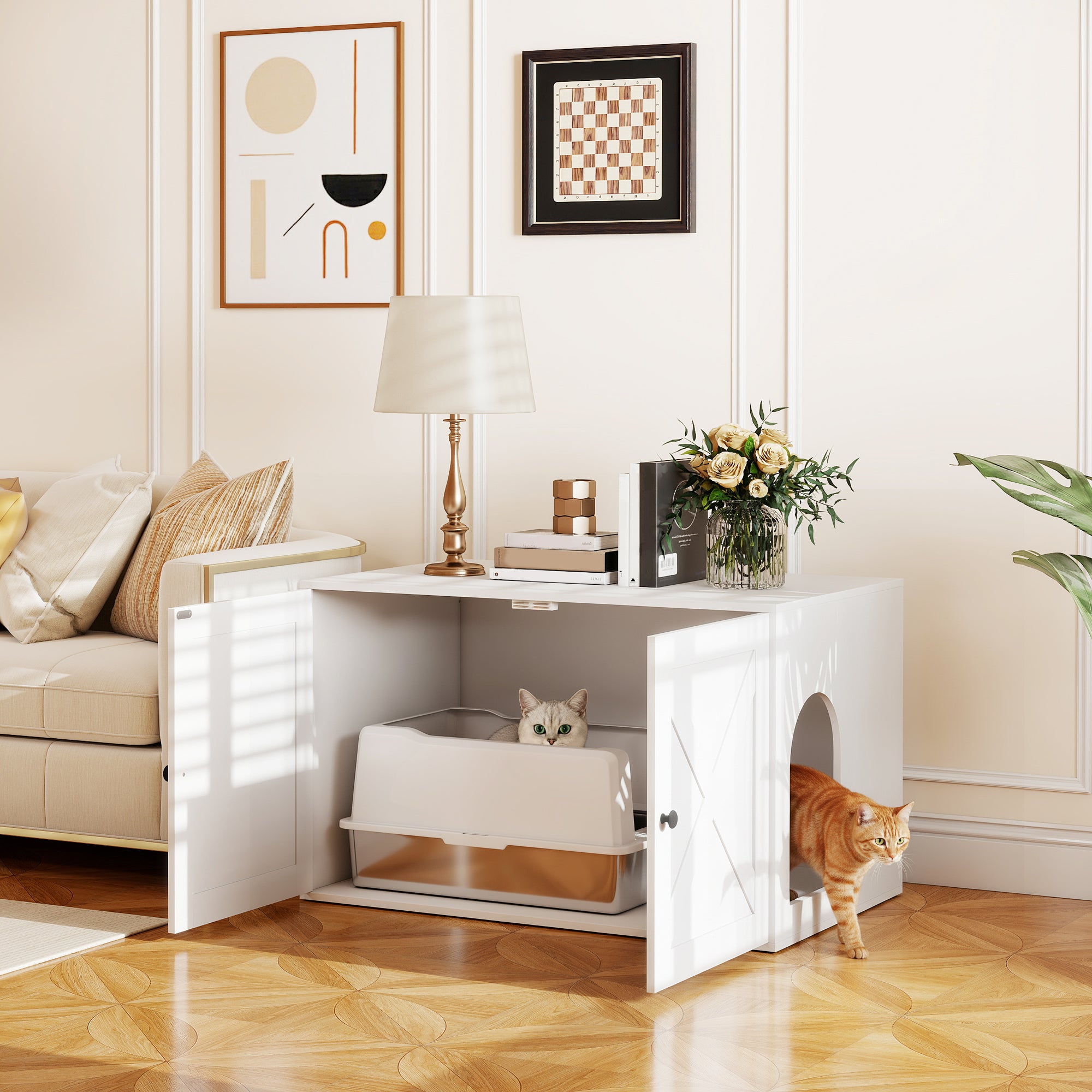 Cat Litter Box Enclosure with Barn Door, Cat Hole, 31.5" x 21" x 20", White - White - Image 2