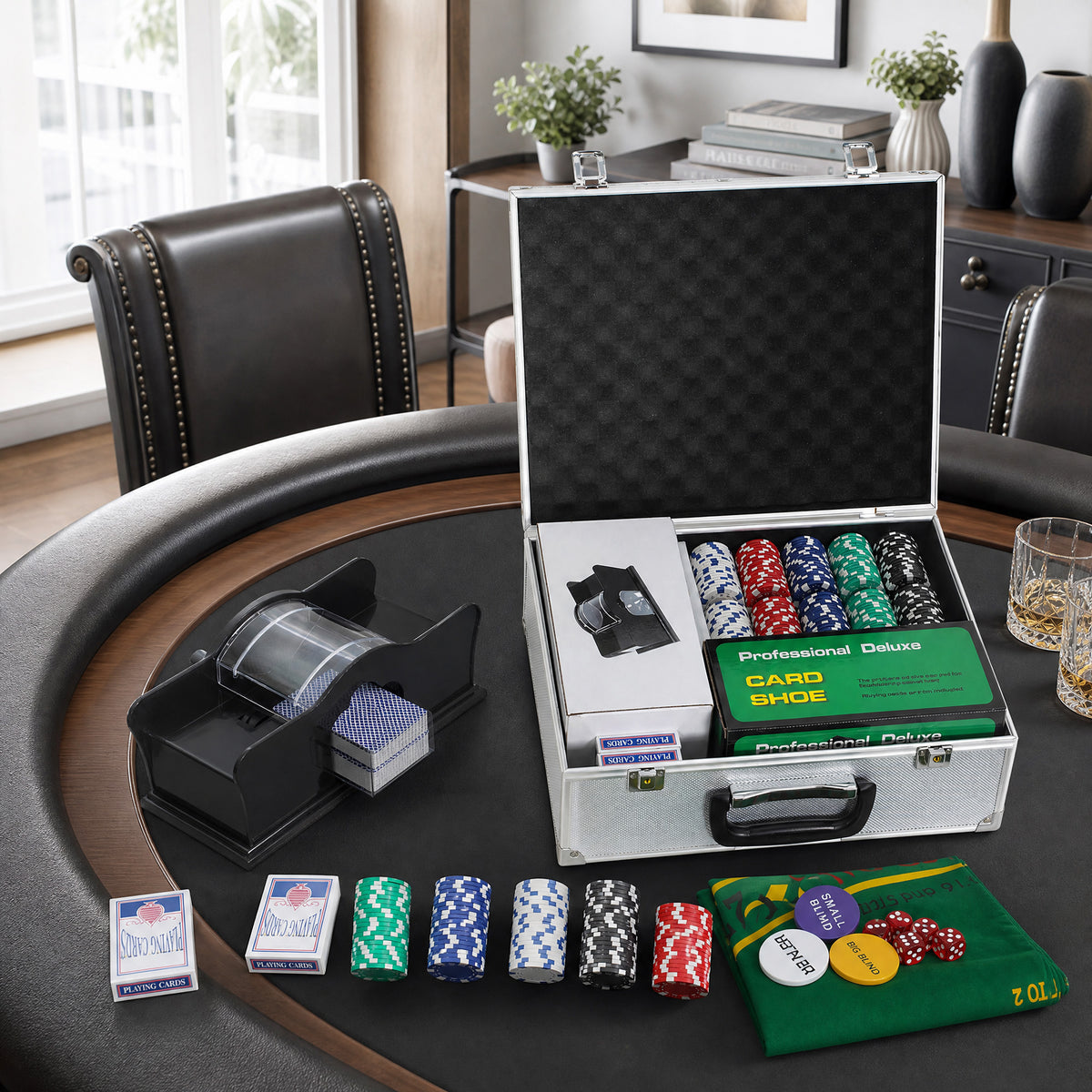 Poker Chip Set with Aluminum Case, Card Shuffler, 300 Chips, 2 Decks of Cards, Dealer Button for Texas Holdem Blackjack