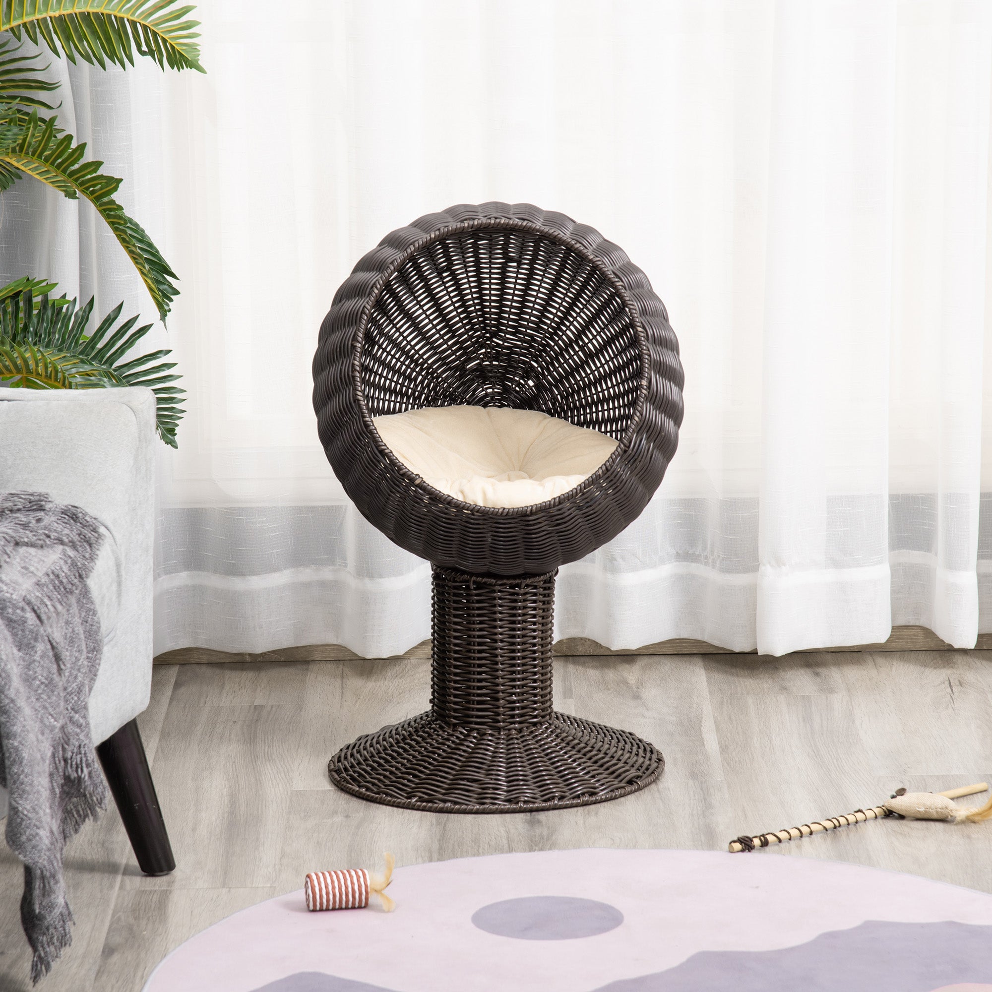 Elevated Cat Bed with Rotatable Egg Chair Pod, Cat Basket Bed with Thick Cushion, Natural Mat Grass Woven Kitty House, Coffee - Coffee - Image 8