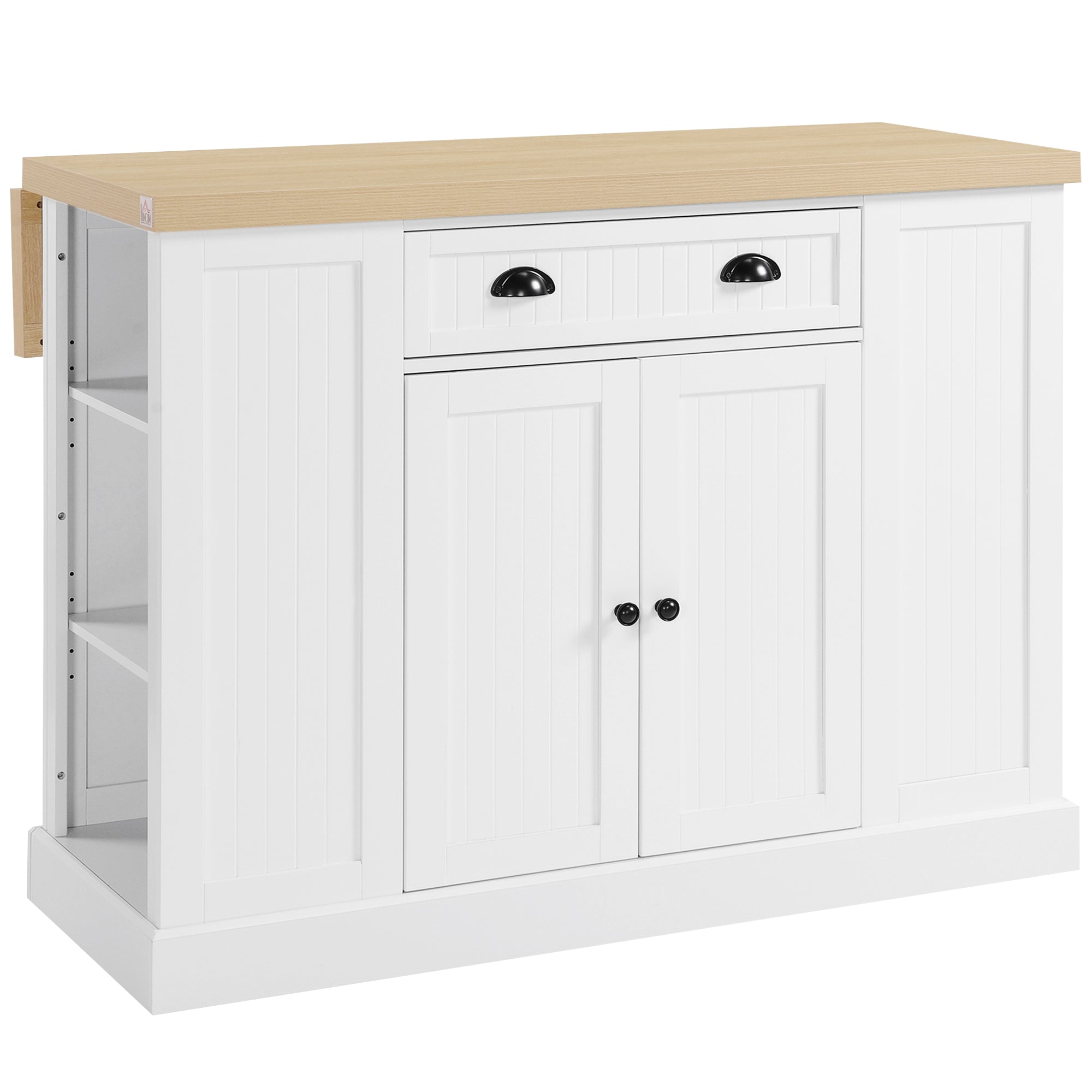 47" Fluted-Style Wooden Kitchen Island, Kitchen Countertop Storage Cabinet with Drawer, Open Shelves, Storage, White