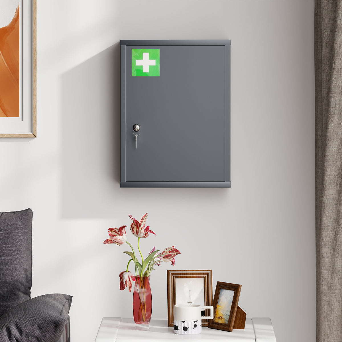 16" x 21" Lockable Medicine Cabinet, 3 Tier Steel Medical Wall Box with 2 Keys and Shelves for Bathroom, Gray
