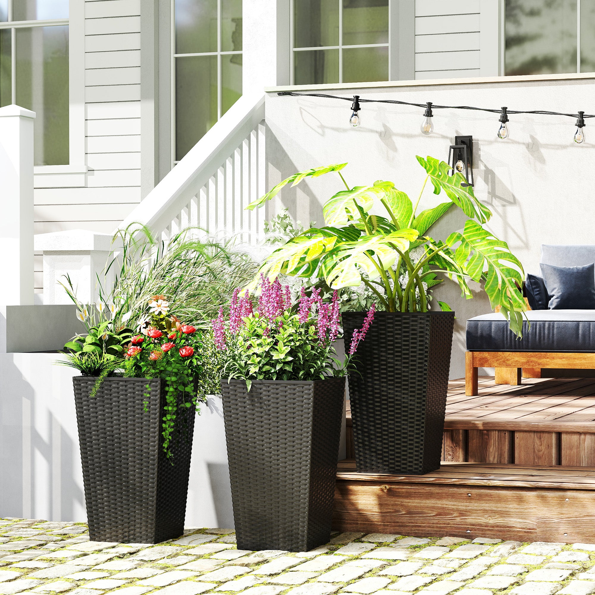 Tall Planters for Outdoor Plants Set of 3, 24 In Taper Planters with Drainage Holes, Rattan Decor Plant Pots for Indoor Outdoor Front Porch Patio Backyard, Black - Black - Image 2