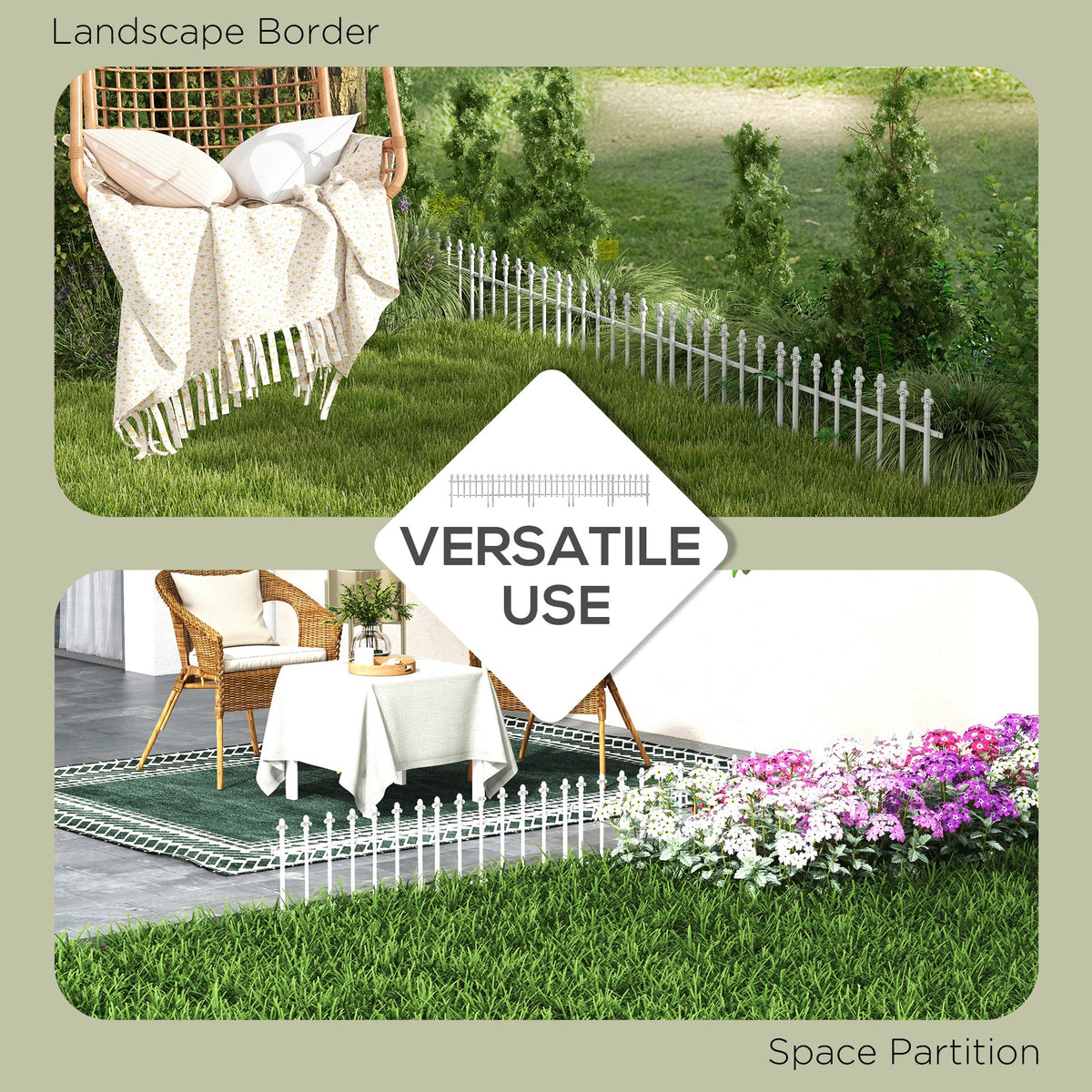 Metal Decorative Garden Fence, 9.2' x 17.25" 5 Steel Panels, Decorative Border for Landscape, Flower Bed, Animals, White