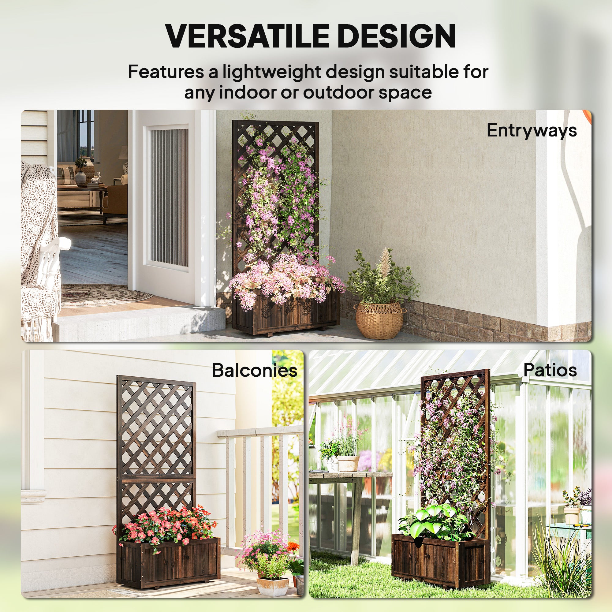 Wooden Raised Garden Bed Planting Planter Box with Trellis and Drain Holes for Climbing Vine Plants, Brown - Brown - Image 6