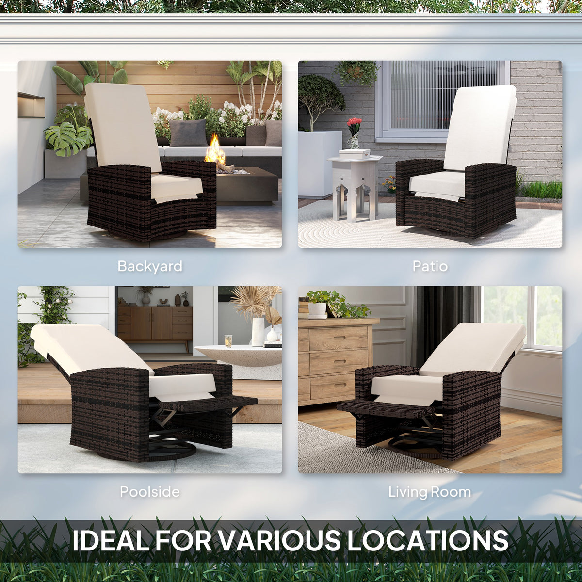Outdoor Wicker Swivel Recliner Chair, Lifting Footrest, 360° Rotating Basic, Water-resistant Cushions, Khaki