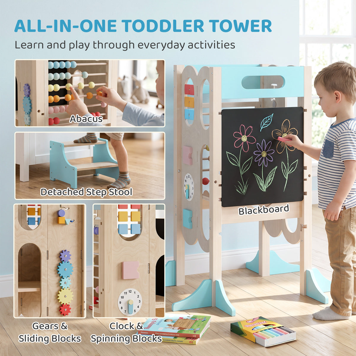 6-in-1 Toddler Kitchen Step Stool Helper, Montessori Toddler Standing Tower w/ Blackboard for 3-6 Year, Blue