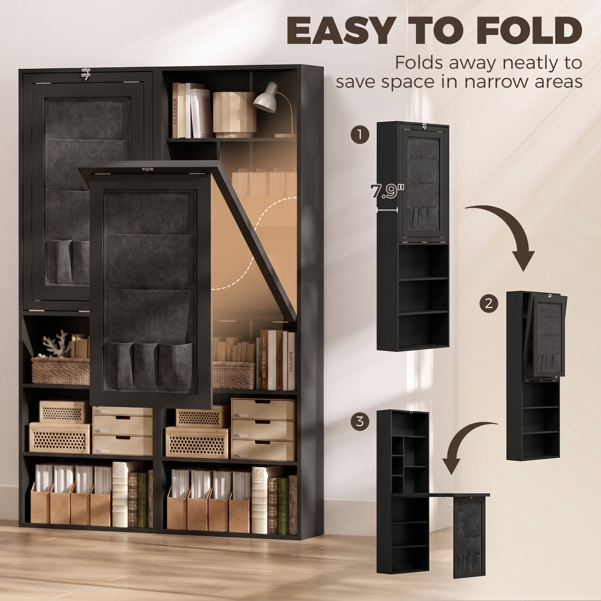 Foldable Convertible Writing Table with Storage Shelves, Bag, Wall-Mounted Space-Saving Computer Desk, Black