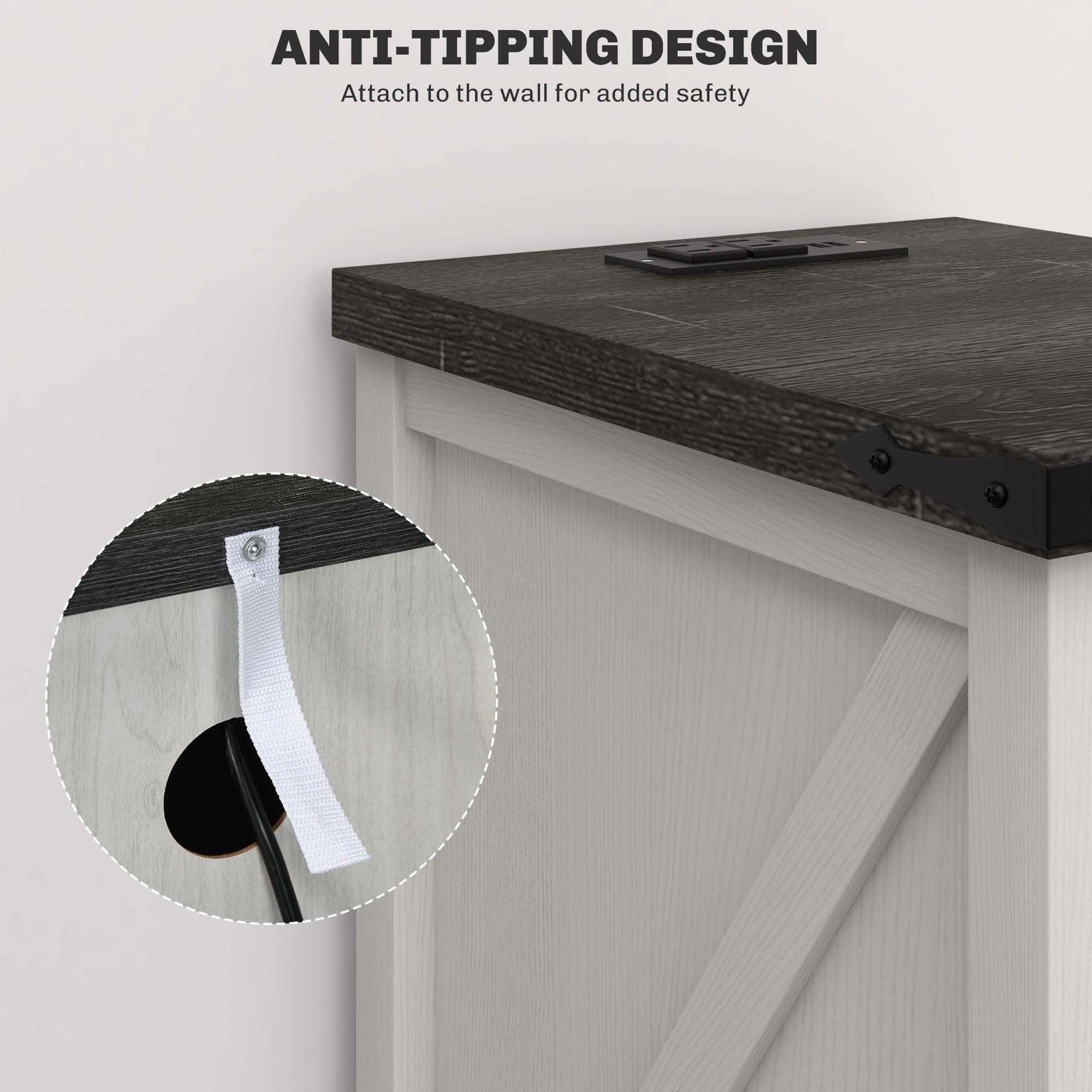 Farmhouse End Table with Storage, Side Table with Charging Station and USB Ports for Living Room, Distressed White