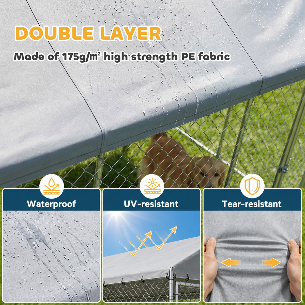 Heavy Duty Outdoor Dog Kennel with Waterproof Roof, 2 Secure Latches, Chain Link Dog Run for Backyard, 20' x 15' x 8'