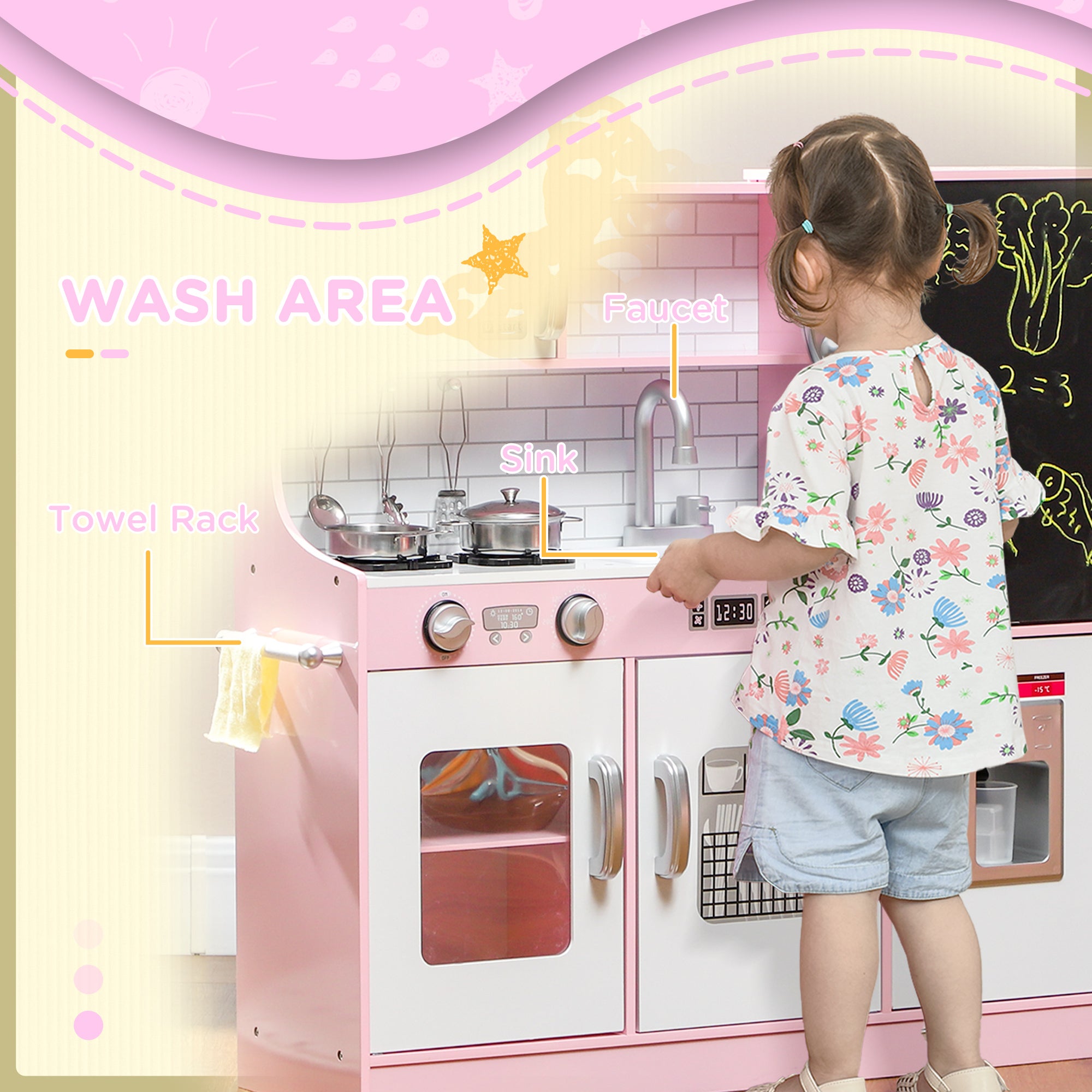 Pretend Play Kitchen, Kids Kitchen Playset with Play Phone, Chalkboard, Towel Rack & Ice Maker for 3-8 Years Pink