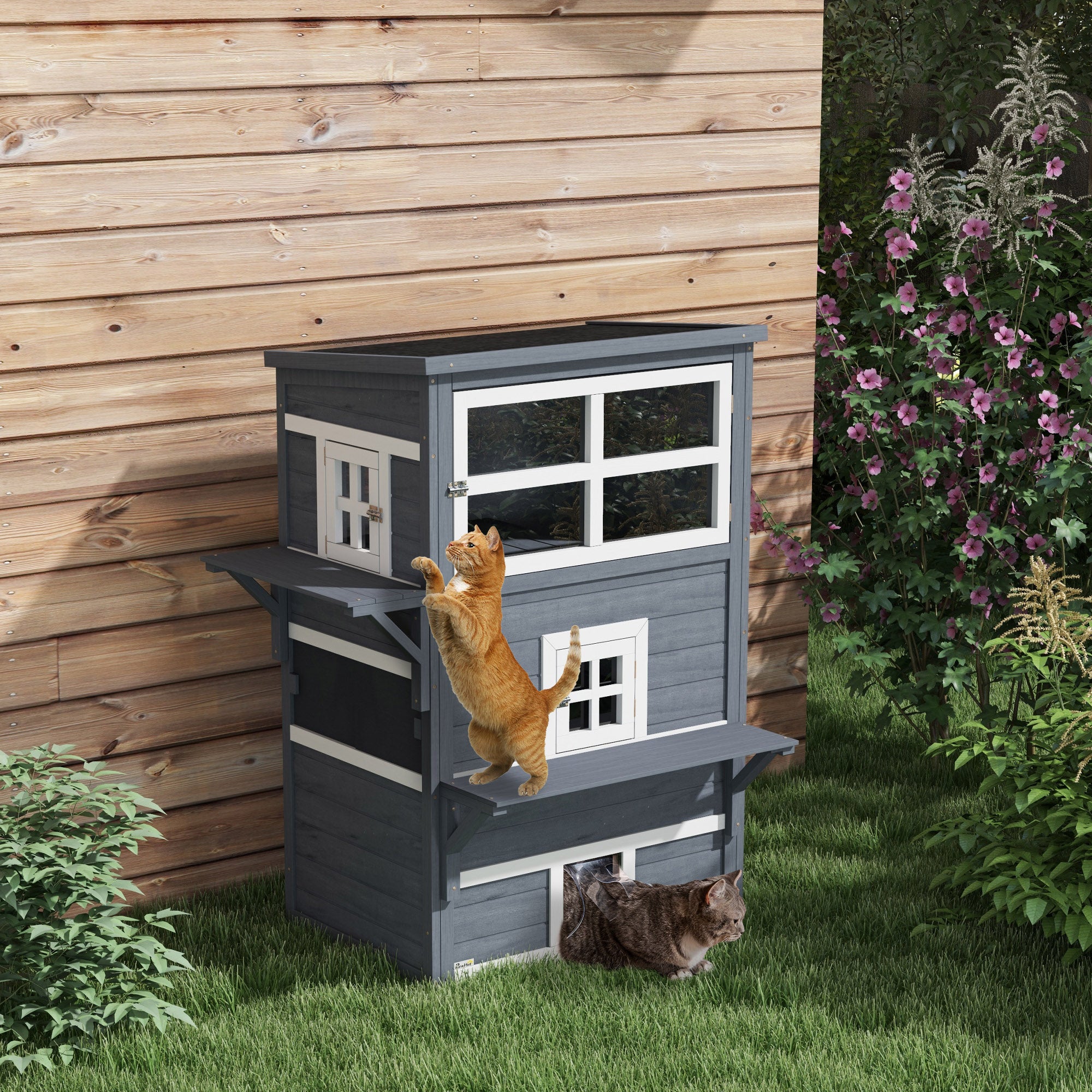 Cat House, Outdoor 3-Tier Kitty Shelter, Weather Resistant, w/ Escape Door - Dark Gray - Image 2