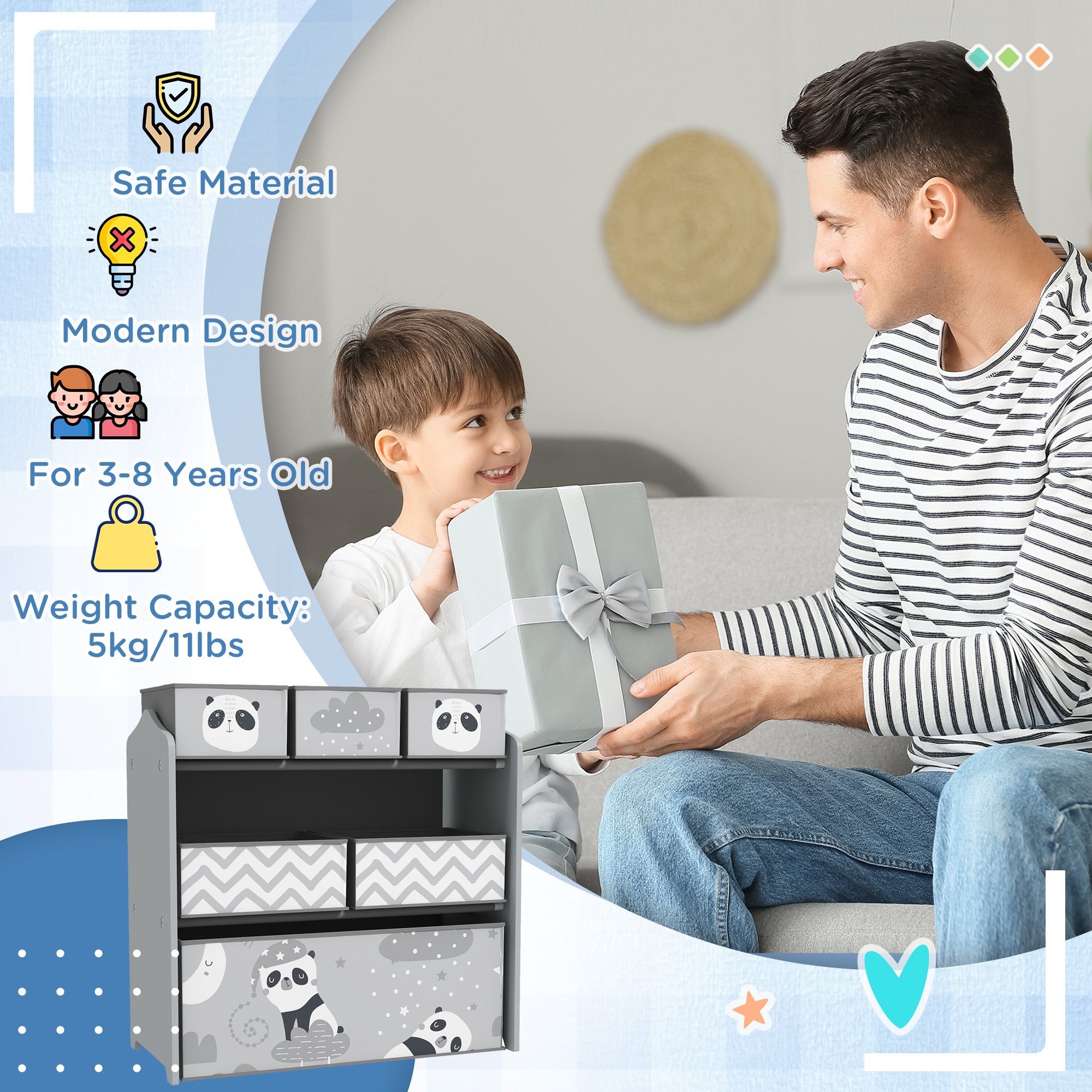 Toy Organizer with 6 Storage Bins, 25" x 12" x 26", Gray