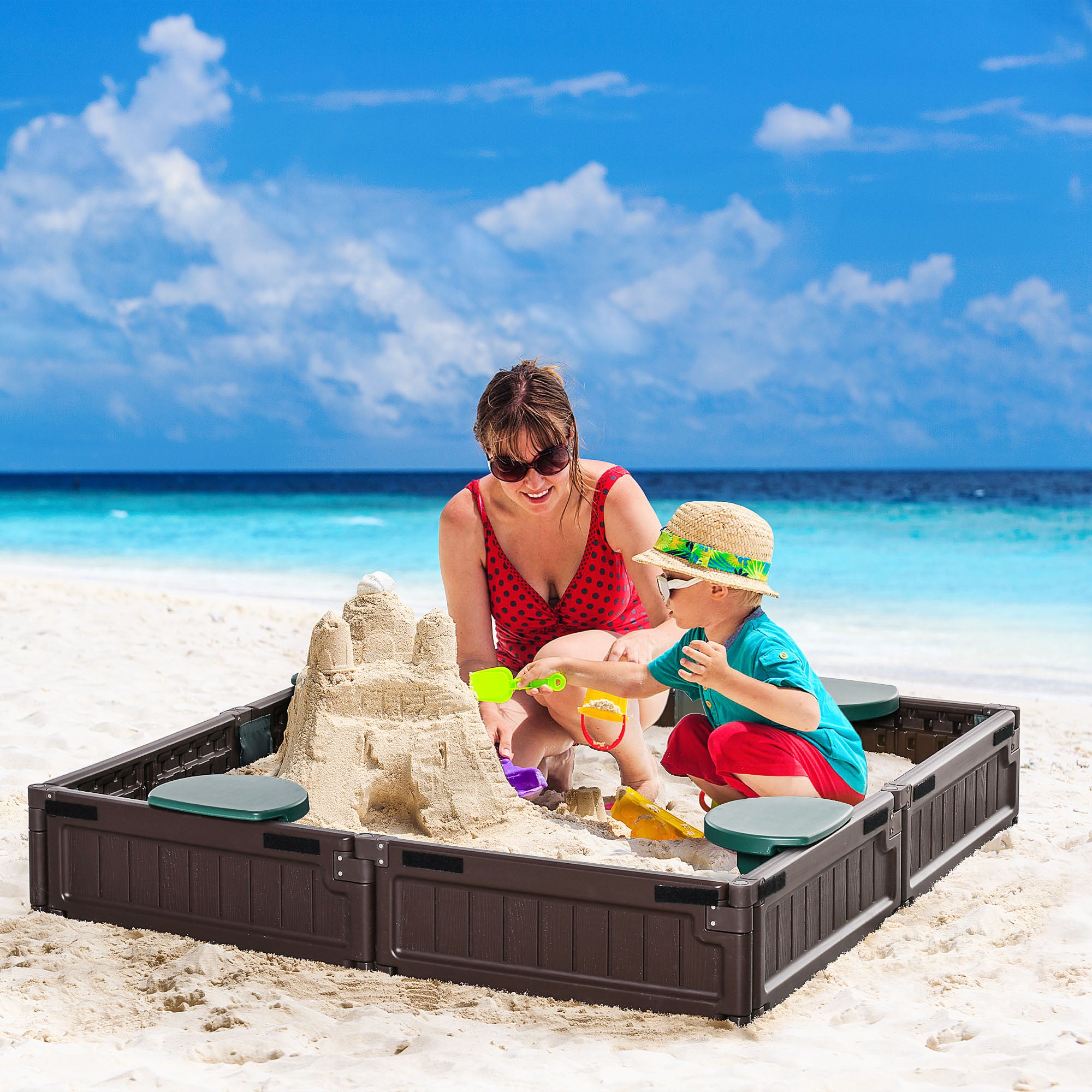 Kids Outdoor Sandbox with Cover Garden Bed, Easy Assembly for Backyard, Brown, 48.5" x 48.5" x 8.25"