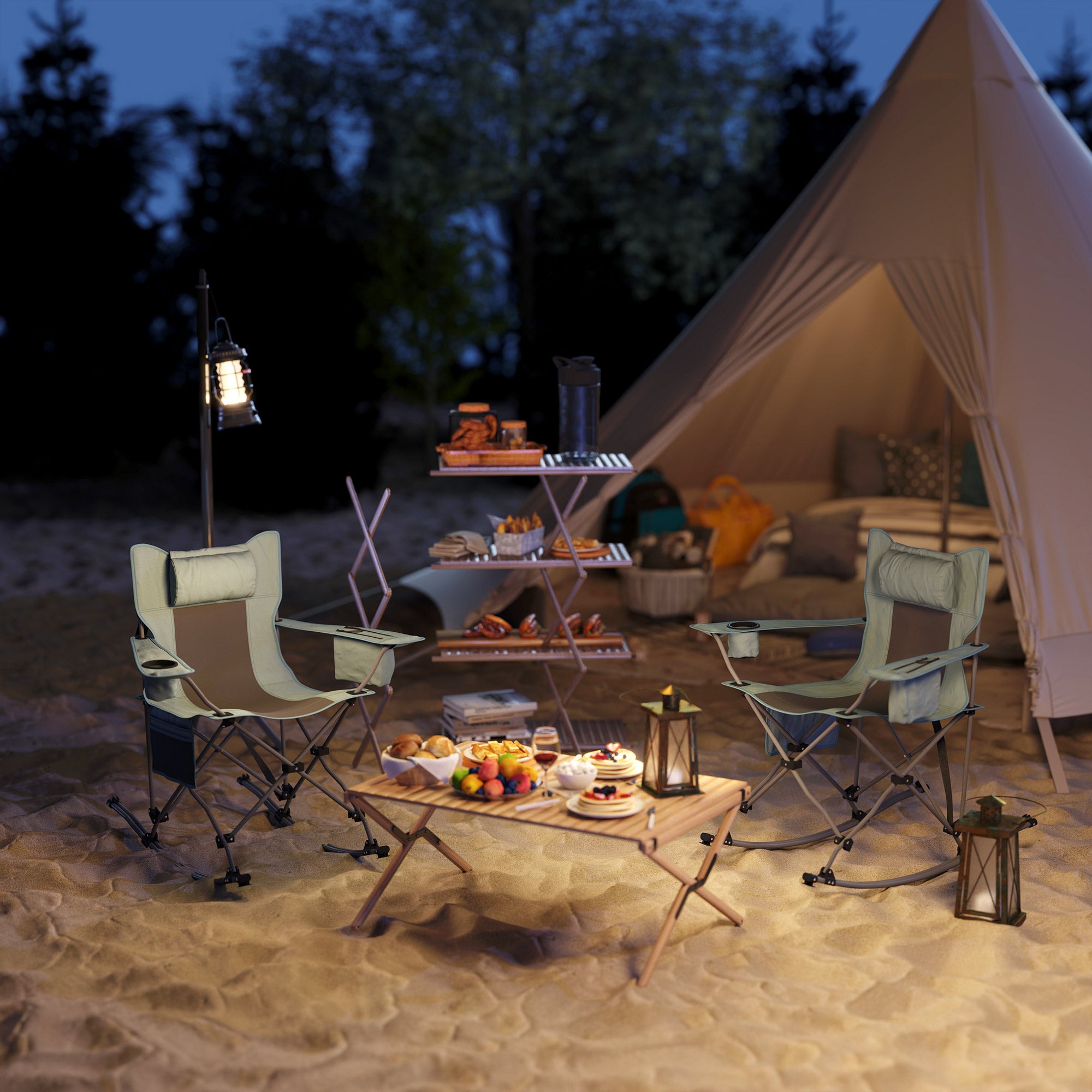 Folding Rocking Camping Chairs, Portable Chairs with Headrest, Cooler Bag, Cup Holder, Carry Bag, 2 Pack, Gray